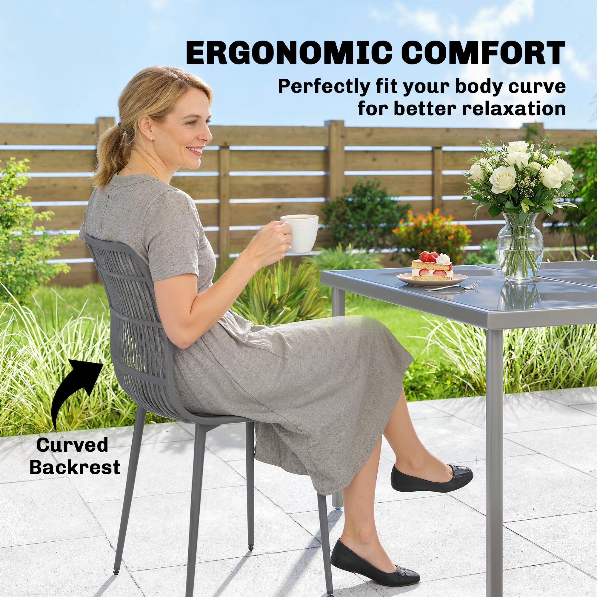 Outdoor Dining Chairs Set of 4, Patio Chairs with Slotted Backrest, Grey