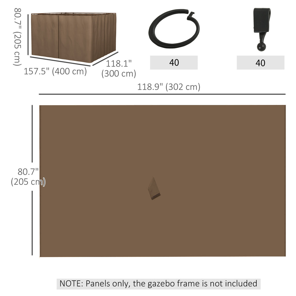 Gazebo Curtains, 10' x 10' Universal Replacement Privacy Curtain, 4-Panels Sidewall with Hooks/C-Rings, Brown