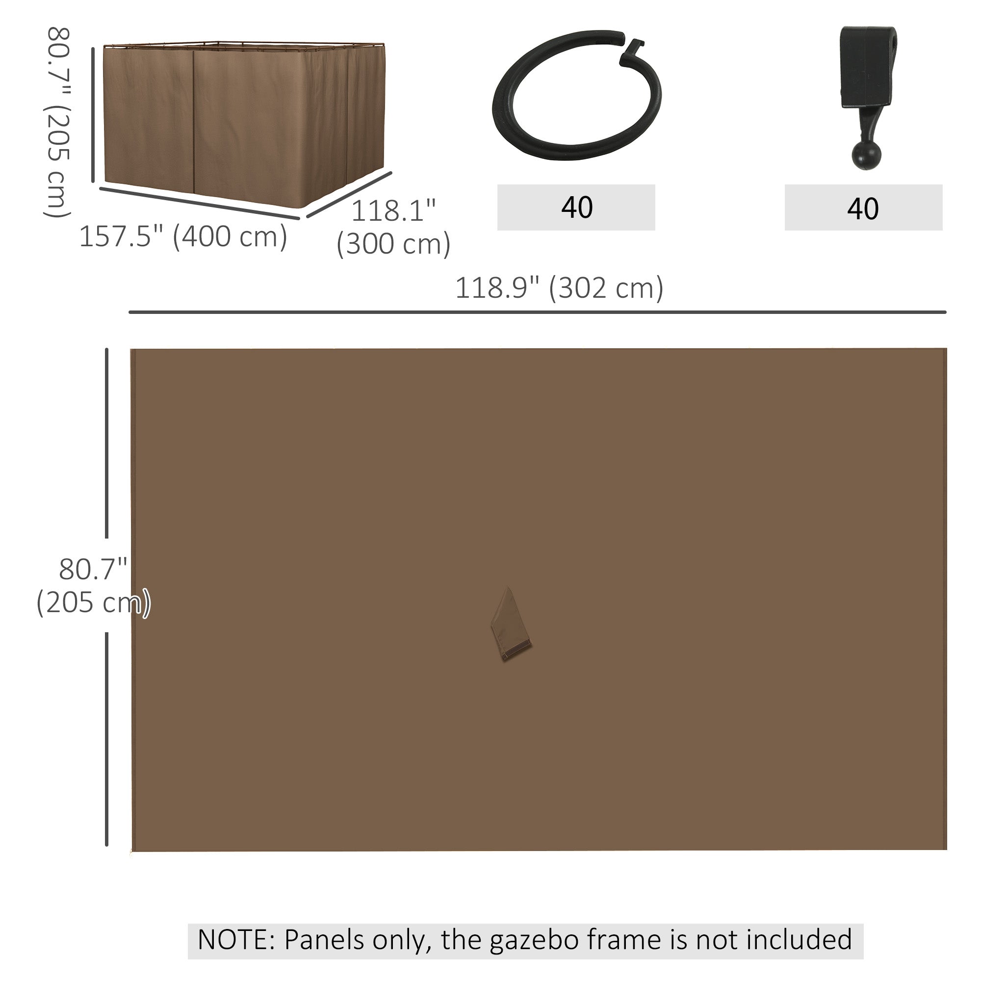 Gazebo Curtains, 10' x 10' Universal Replacement Privacy Curtain, 4-Panels Sidewall with Hooks/C-Rings, Brown