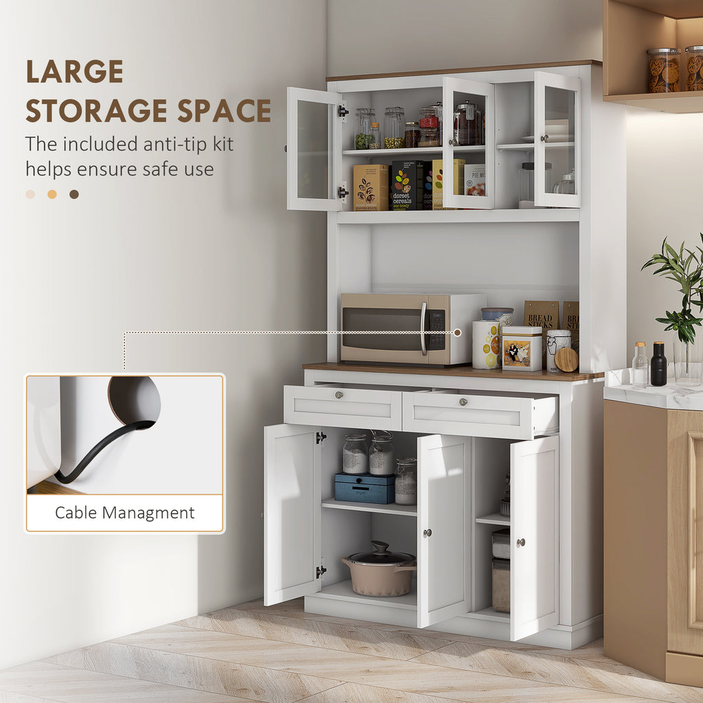 71" Pantry Cabinet with Microwave Space, Kitchen Cabinet with Hutch, 2 Drawers, Adjustable Shelves, Glass Doors, White