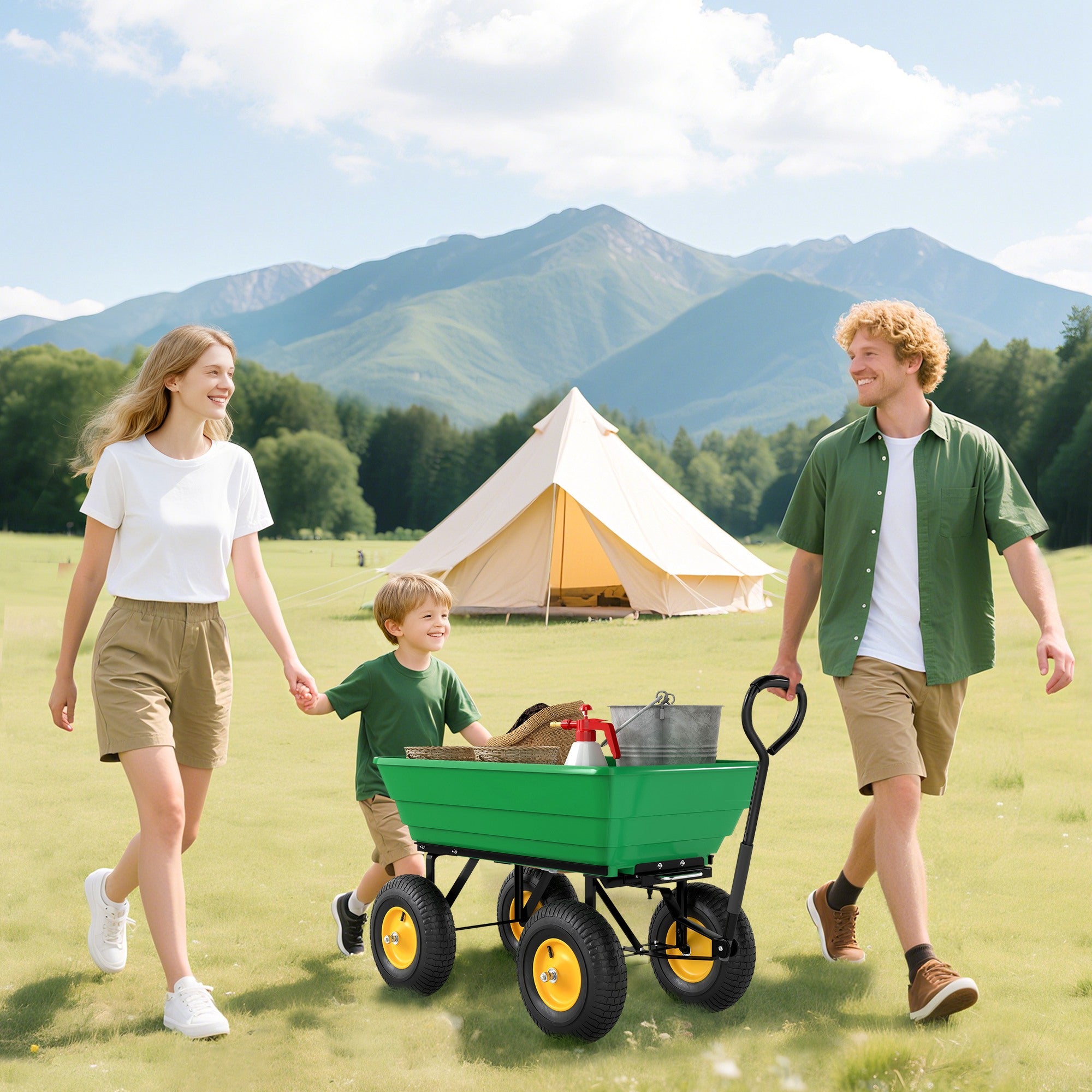 Garden Dump Cart Heavy Duty 440lbs Wagon with Steel Frame and 10'' Pneumatic Tires, Green