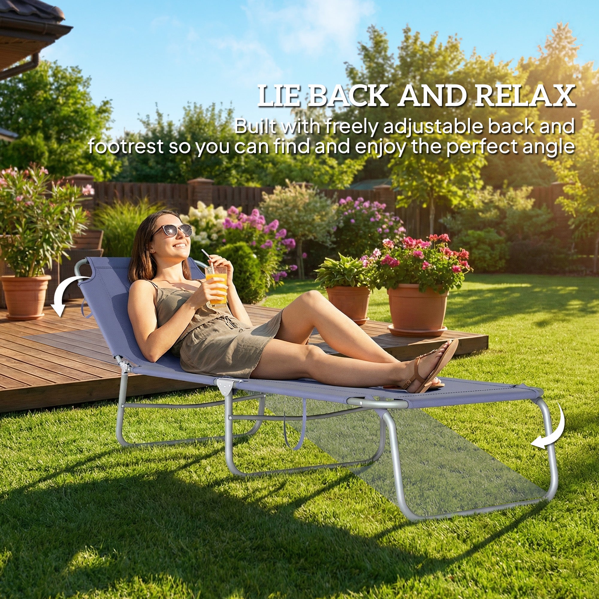Folding Outdoor Lounge Chair Reclining Tanning Chair with Breathable Mesh Fabric for Patio Garden Pool, Navy Blue