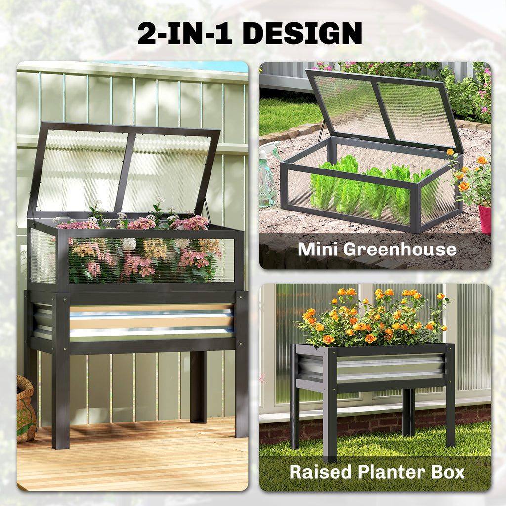 Raised Garden Bed with Flip-Up Greenhouse Top, Wooden Elevated Planter Box with Legs and Liner, Grey