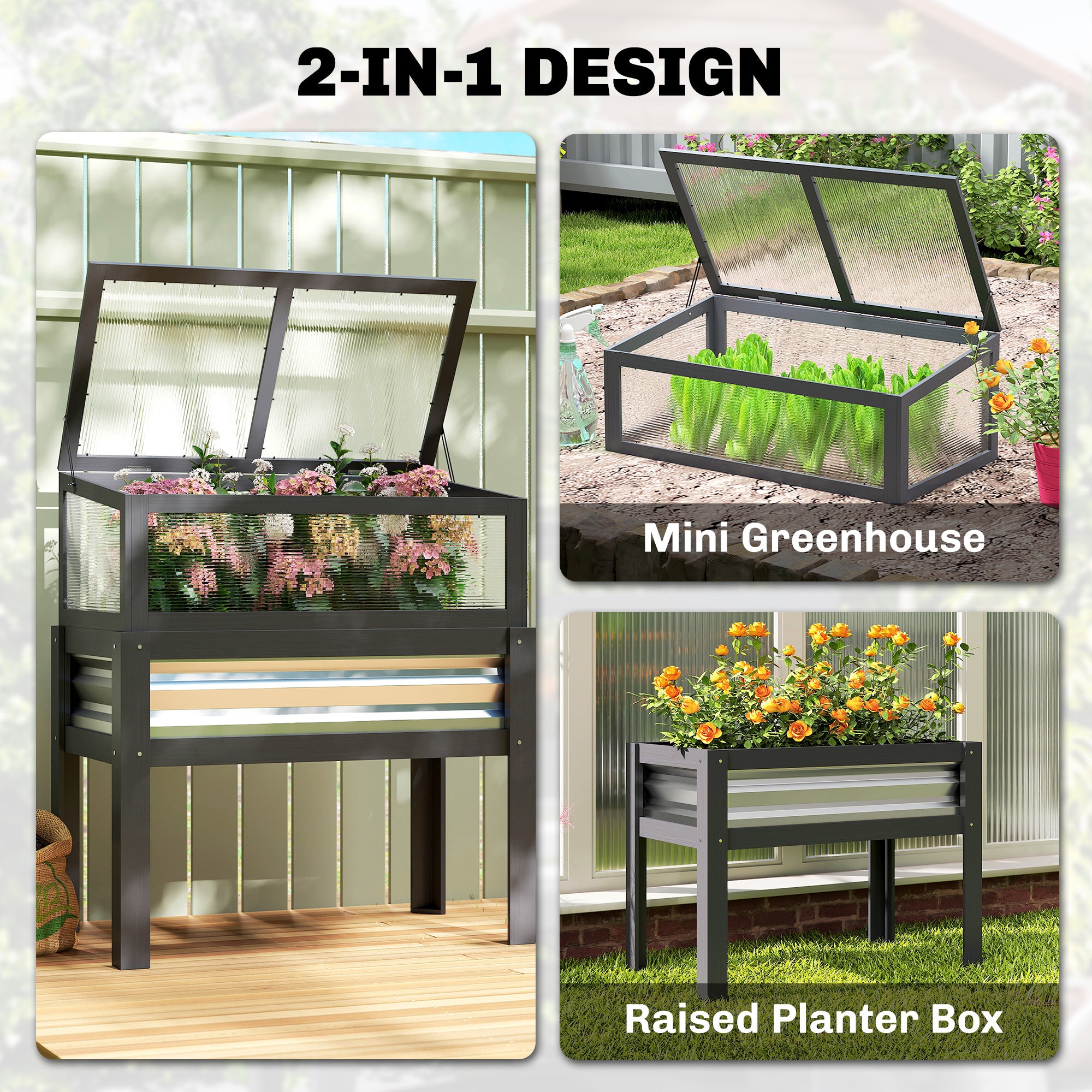 Raised Garden Bed with Flip-Up Greenhouse Top, Wooden Elevated Planter Box with Legs and Liner, Grey