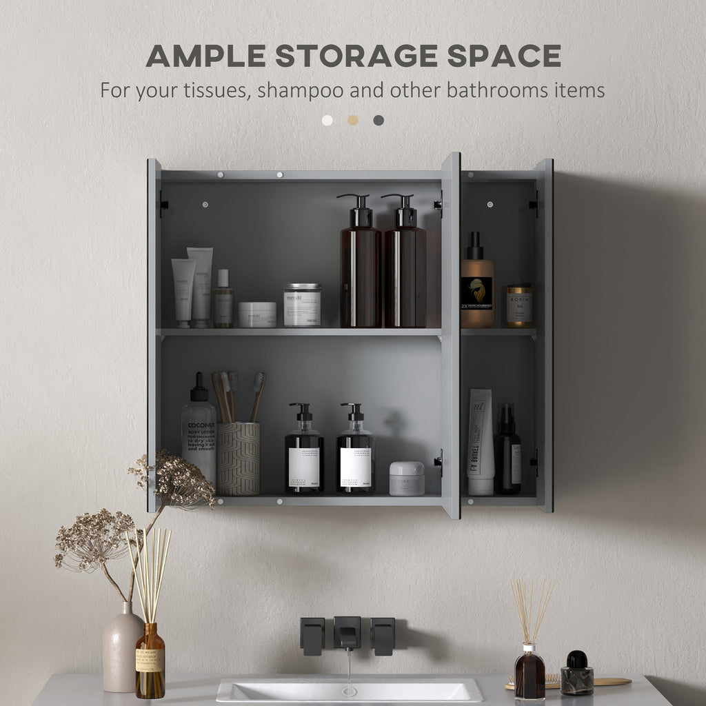 28" x 24" Wall Mounted Mirror Cabinet, Bathroom Medicine Cabinet with Mirror, 3 Doors and Adjustable Shelves, Grey