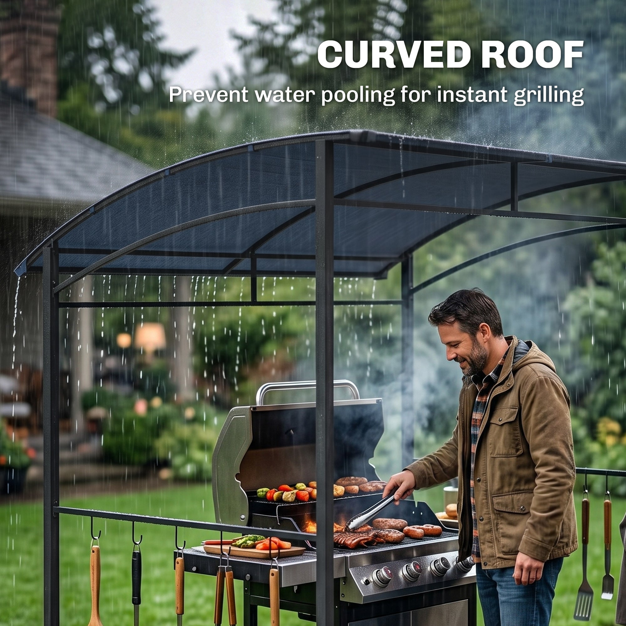 7' x 5' BBQ Grill Gazebo Tent, Garden Grill Canopy with Steel Frame and Hooks, Outdoor Sun Shade, Grey
