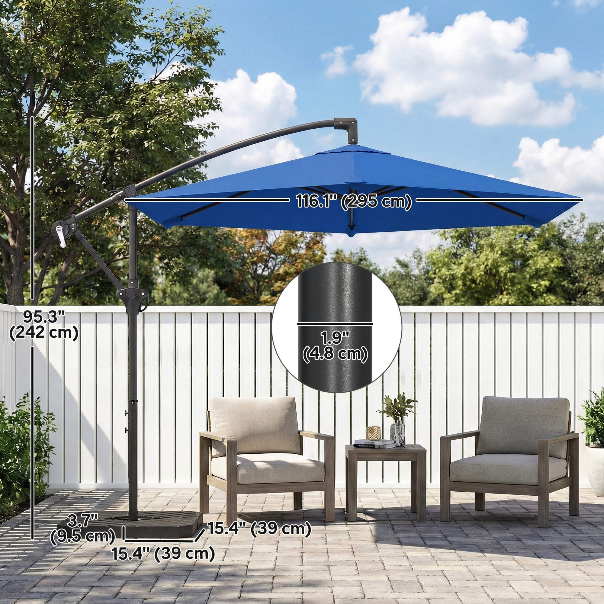 9.7 ft Offset Patio Umbrella with Water/Sand Fillable Weights, Garden Hanging Parasol with Locking Latch, Navy Blue