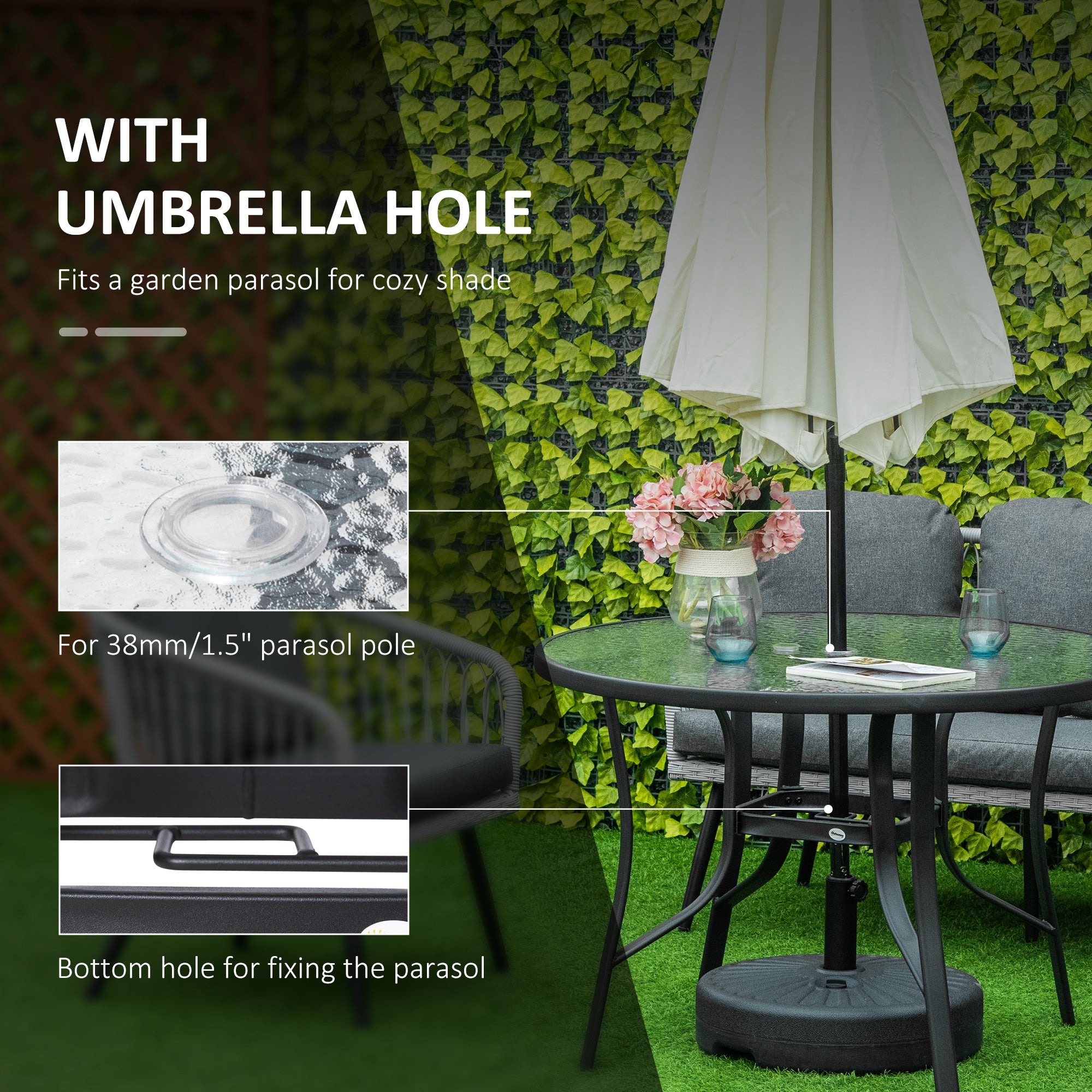 42 inch Patio Dining Table with Umbrella Hole Round Outdoor Bistro Table for Garden Lawn Backyard, Steel