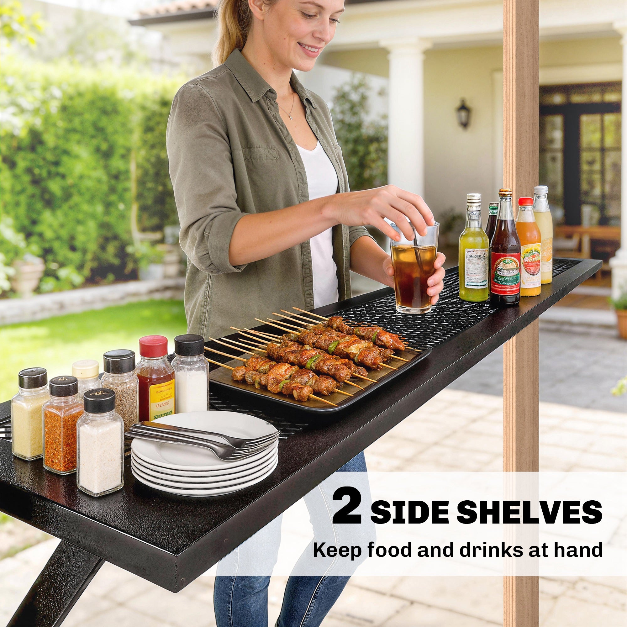 8 x 6ft Hardtop Grill Gazebo, BBQ Gazebo with Metal Double Roof, Outdoor Grill Canopy with Wood-Grain Aluminum Frame