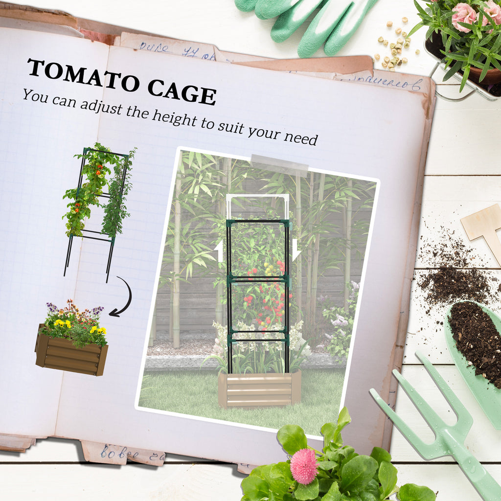Galvanized Planter Box, Outdoor Raised Garden Bed with 3-Tier Trellis Tomato Cage for Climbing Vines, Vegetables, Brown