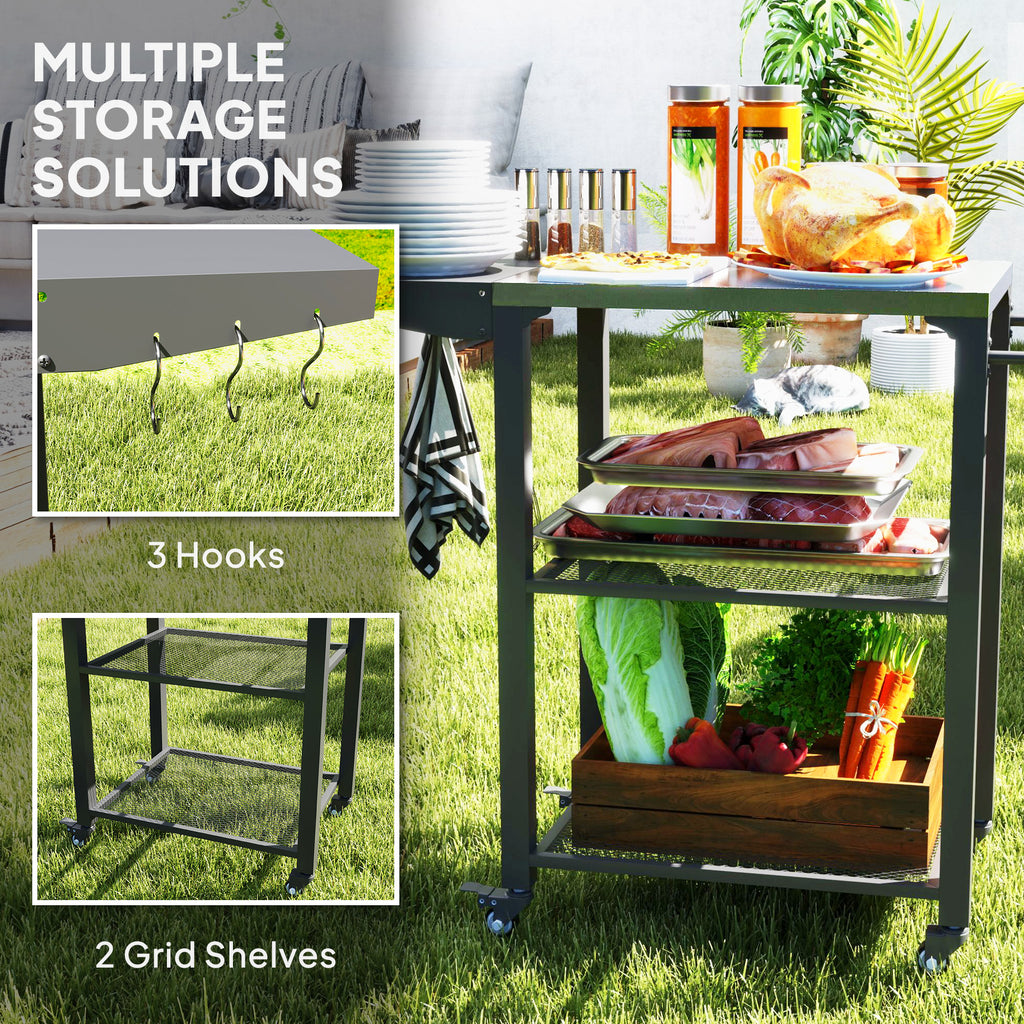 Outdoor Grill Cart w/ Foldable Side Table, 3-Tier Pizza Oven Stand w/ Stainless Steel Tabletop, Hooks, Wheels