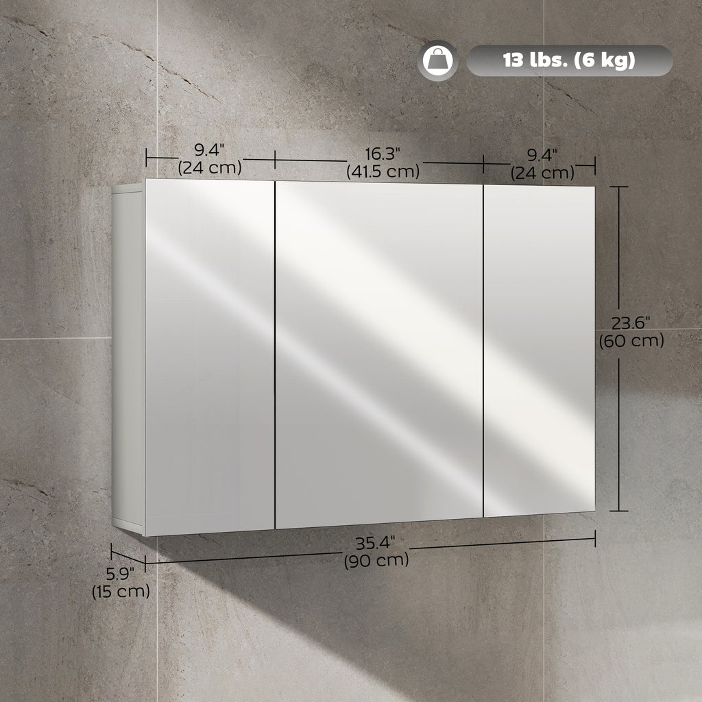 35" x 24" Wall Mounted Mirror Cabinet, Bathroom Medicine Cabinet with Mirror, 3 Doors and Adjustable Shelves, Grey
