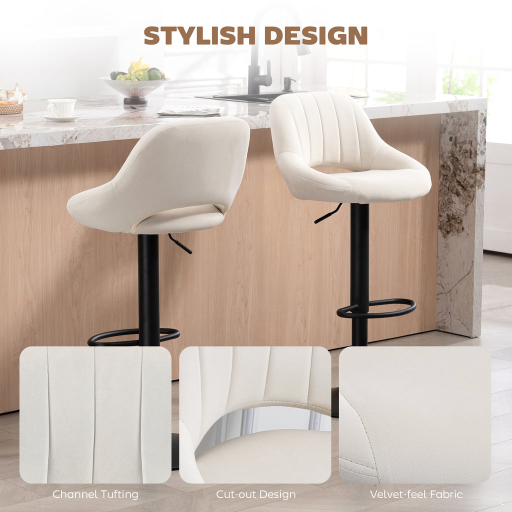 Bar Stools Set of 2, Swivel Counter Height Barstools with Adjustable Height and Cutout Back, Velvet Upholstered Bar Chairs with Round Metal Base and Footrest, Cream