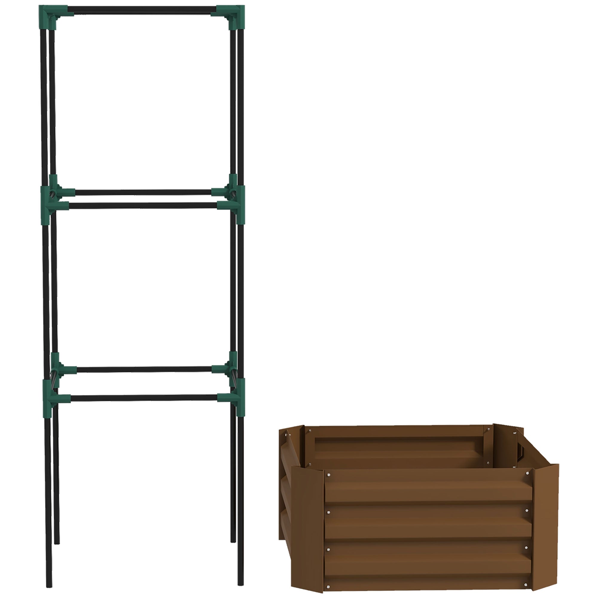Galvanized Planter Box, Outdoor Raised Garden Bed with 3-Tier Trellis Tomato Cage for Climbing Vines, Vegetables, Brown
