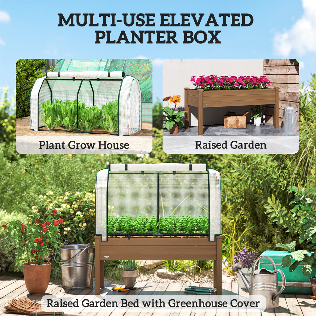 Raised Garden Bed with PE Greenhouse Cover Outdoor Elevated Wood Planter Box for Herbs and Vegetables Brown