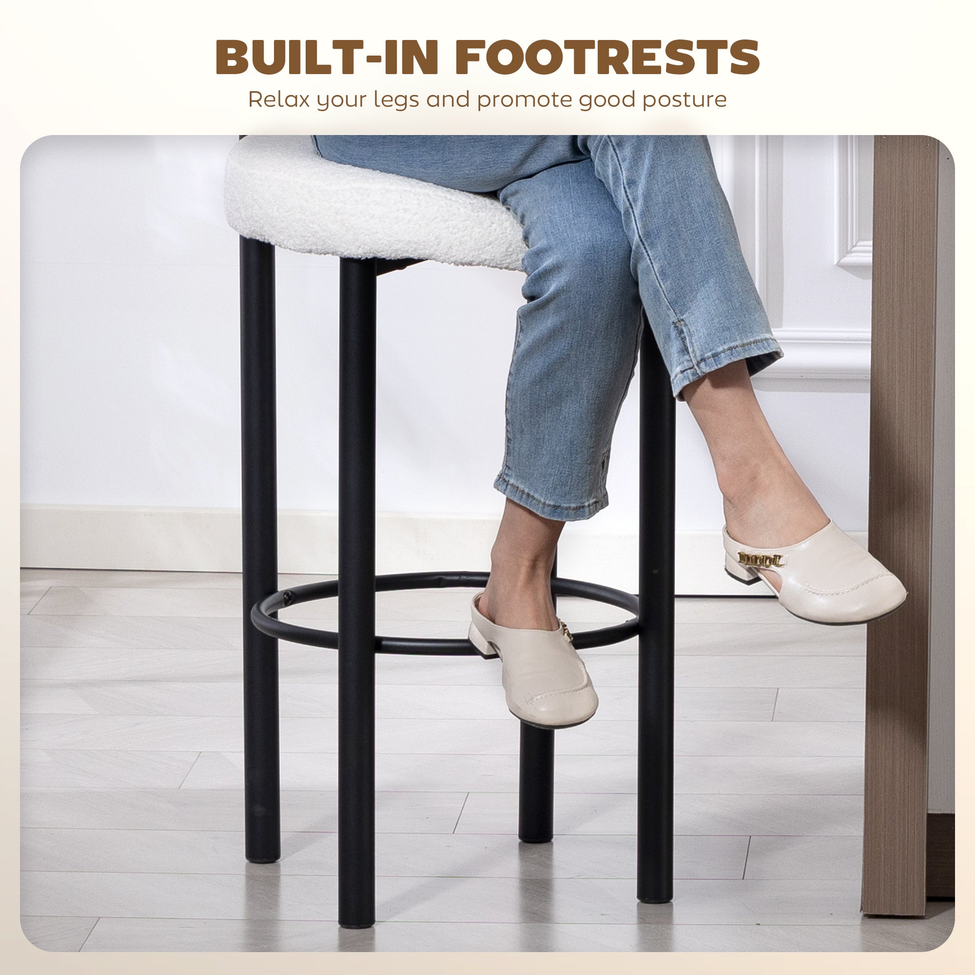 Bar Stools Set of 2, Sherpa Upholstered Barstools with Backrest, Bar Height Stools with Footrest for Kitchen Island