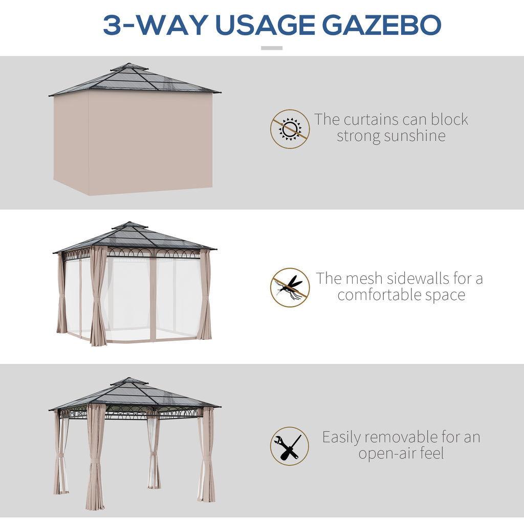 10' x 10' OutdoorÂ Hardtop Gazebo Canopy w/Â Double PC Roof, Steel Frame, Nettings,Â Curtains forÂ GardenÂ LawnÂ Deck, Khaki