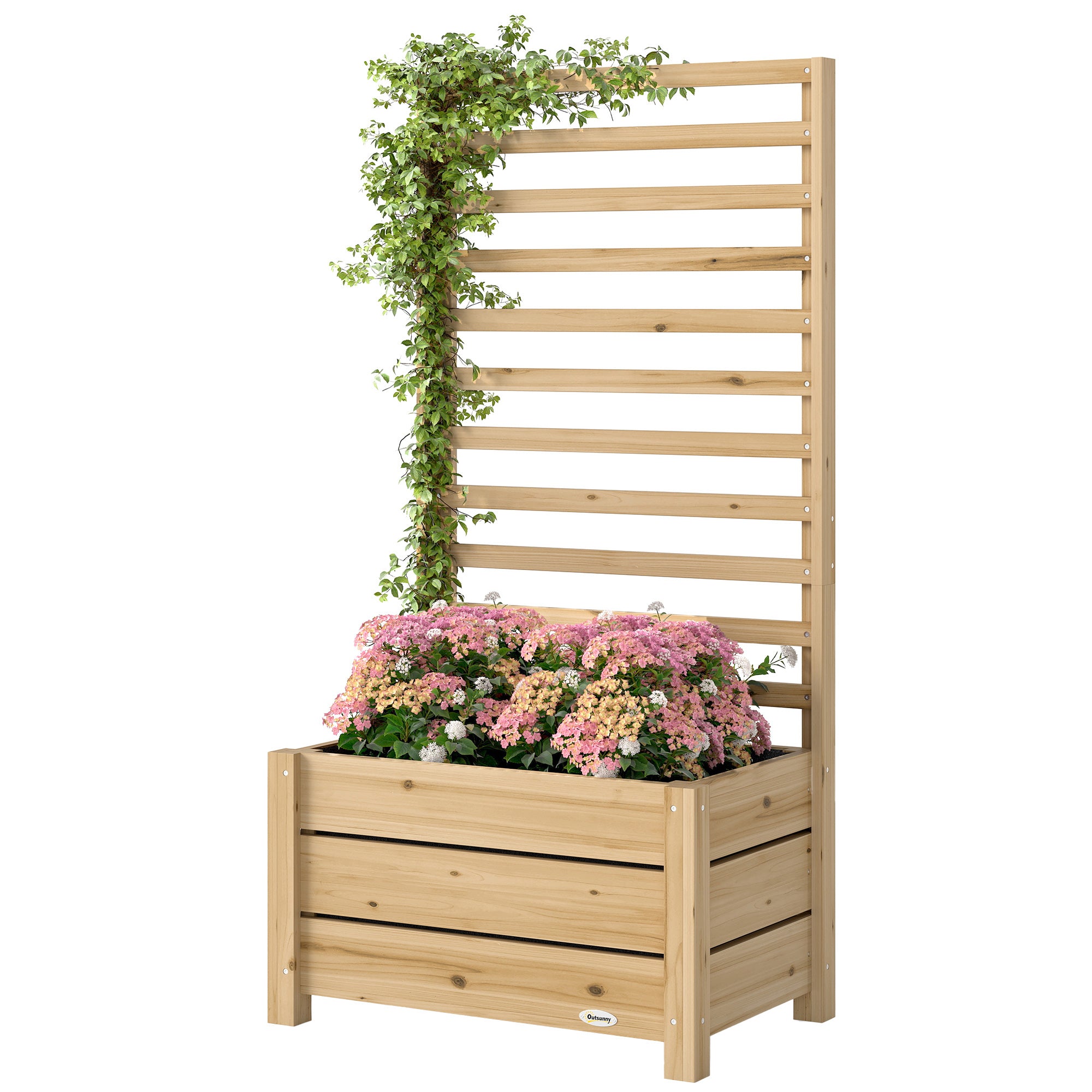 Wooden Raised Garden Bed with Trellis, Outdoor Elevated Planter Box with Drainage Hole and Bed Liner