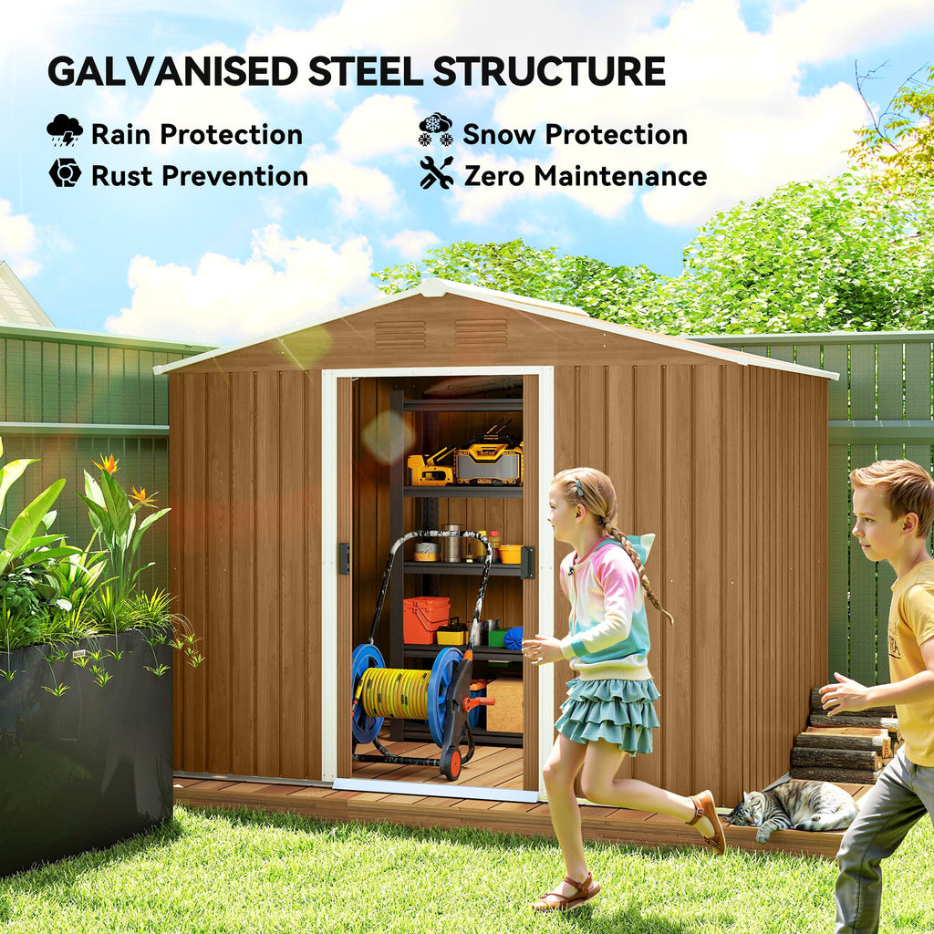 8' x 6' Outdoor Storage Shed, Metal Garden Tool Storage House with Lockable Sliding Doors and Vents for Backyard Patio Lawn, Dark Brown