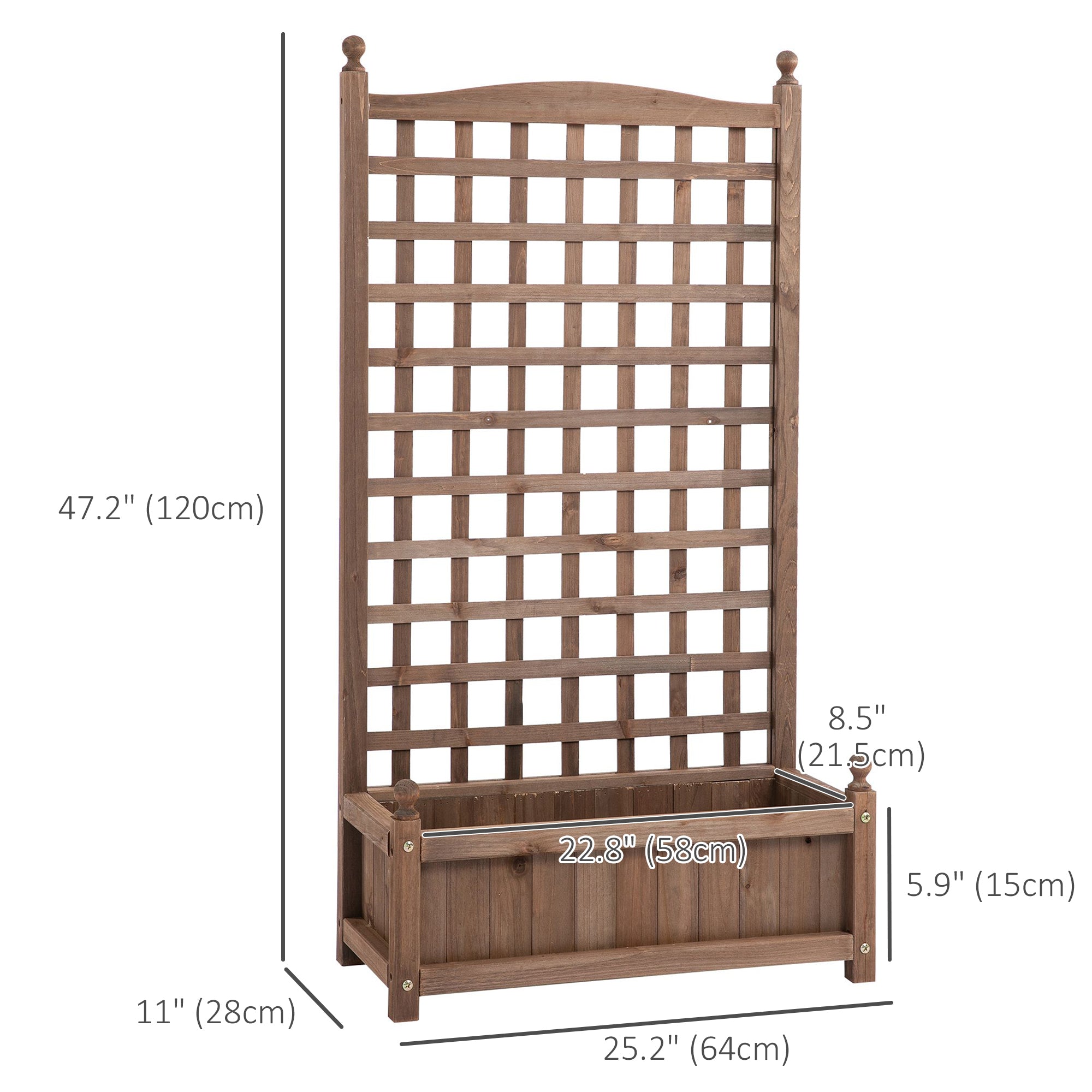Raised Garden Bed with Trellis, Wood Planter Box for Garden, Free Standing Flower Bed, 25.2" x 11" x 47.2" Brown