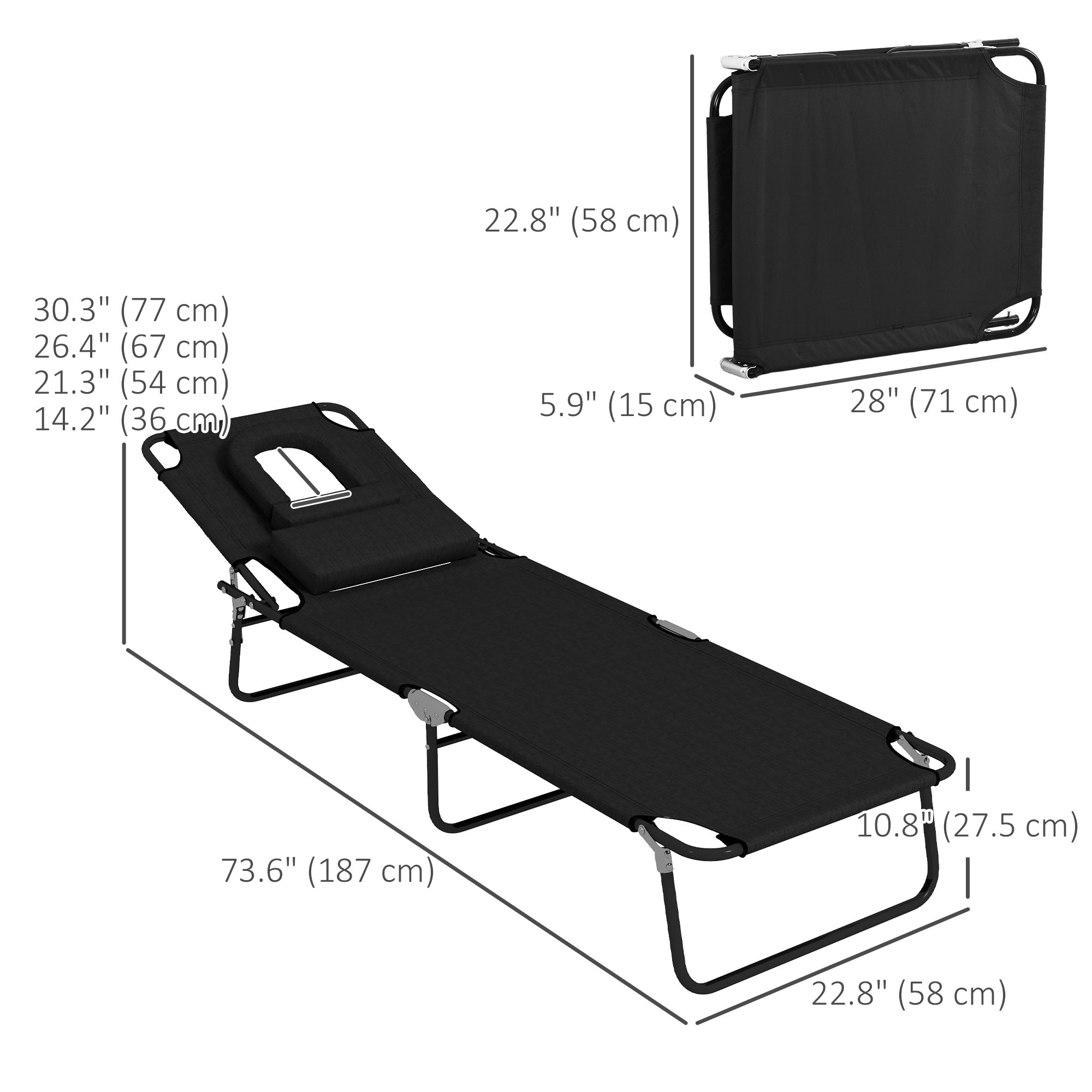 Folding Lounge Chair Set of 2, Reclining Beach Tanning Chair with Face Hole, Pillow, 4-Position Adjustable Flat Sun Lounger, Steel Frame for Outdoor Patio Pool, Black