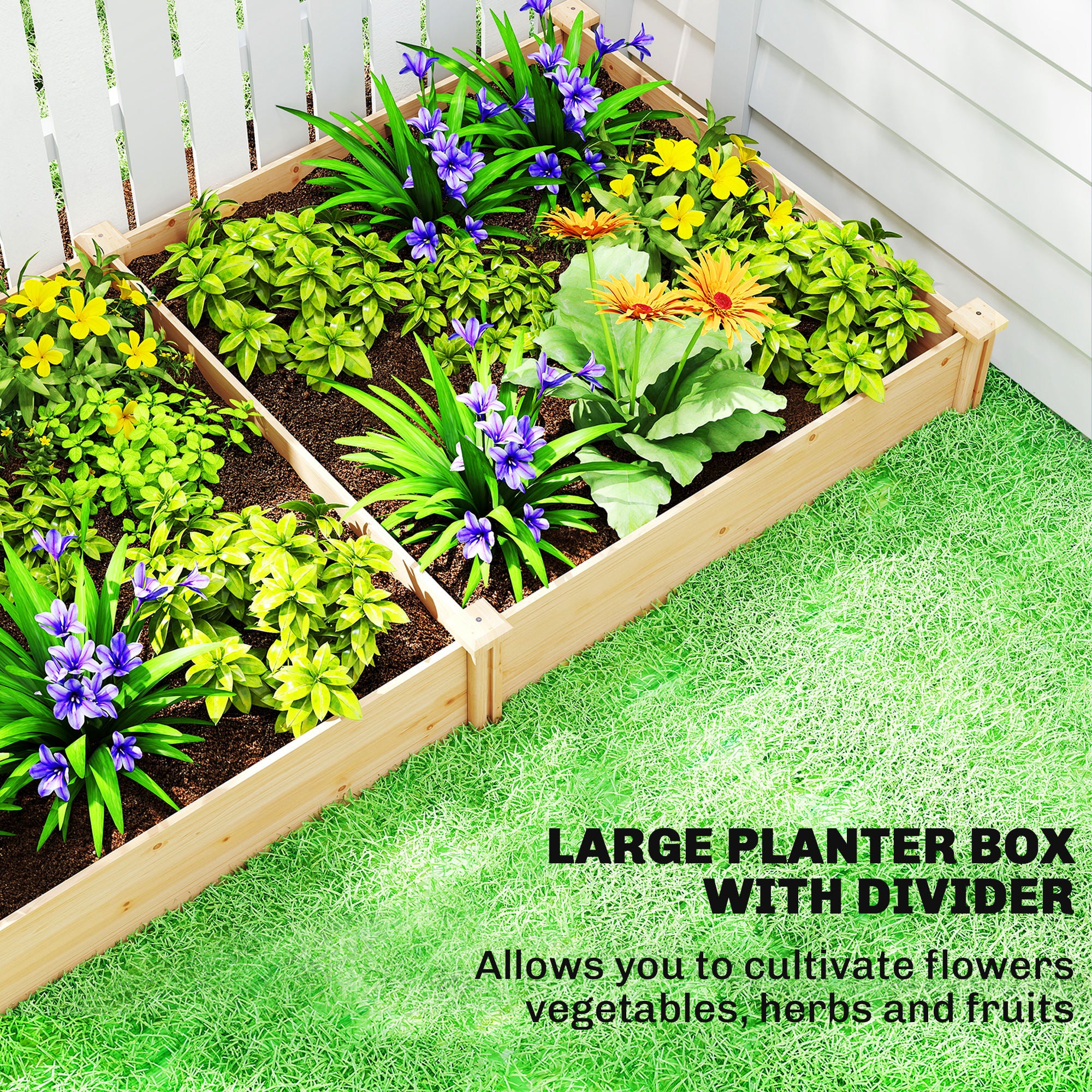 Wooden Raised Garden Bed, Outdoor Planter Box with Divider and Open Bottom for Flowers, Herbs, Vegetables, DIY Painting