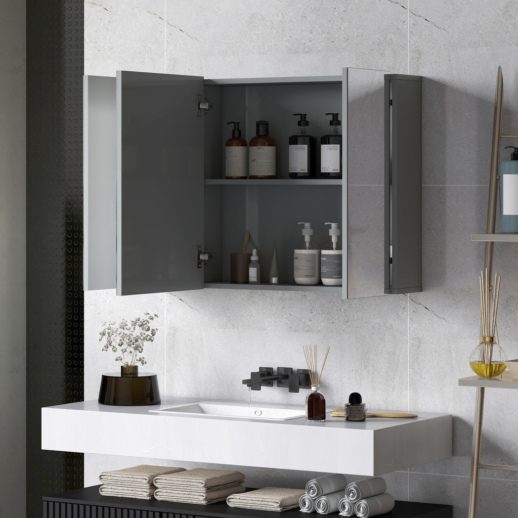 35" x 24" Wall Mounted Mirror Cabinet, Bathroom Medicine Cabinet with Mirror, 3 Doors and Adjustable Shelves, Grey