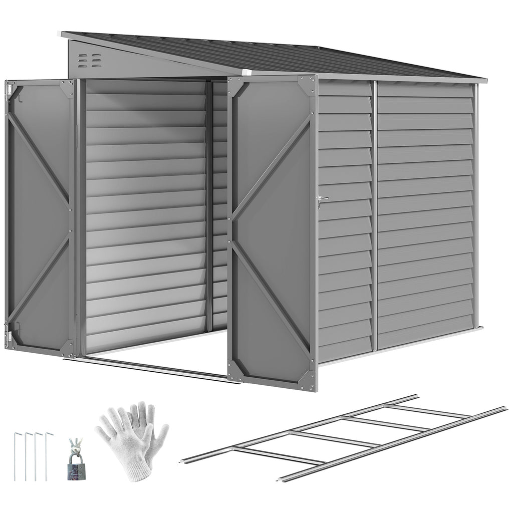 4.6' x 9' Steel Outdoor Storage Shed, Lean to Shed, Metal Tool House with Foundation Kit, Lockable Doors, Gloves and 2 Air Vents for Backyard, Patio, Lawn, Grey