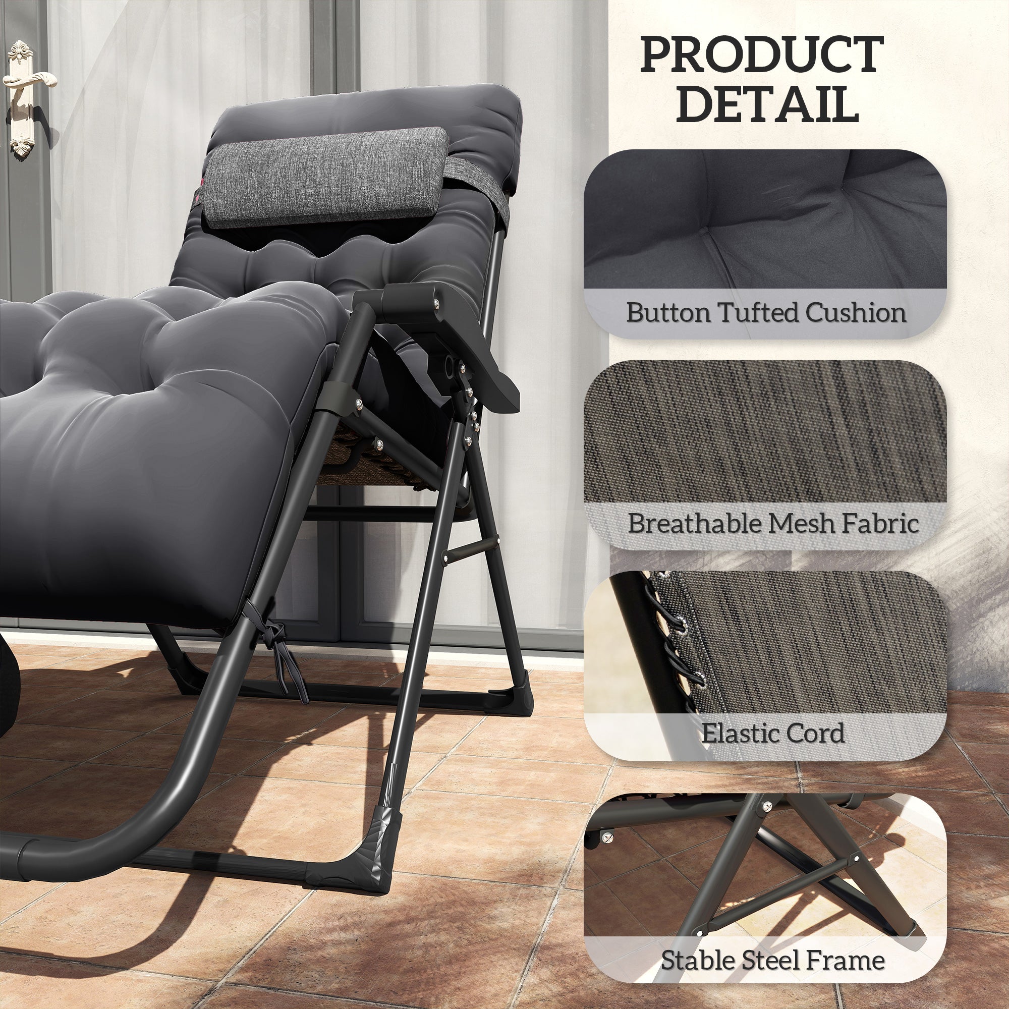 Padded Folding Recliner Chair, Patio Lounger with Cupholder, Adjustable Backrest, Removable Cushion, Black