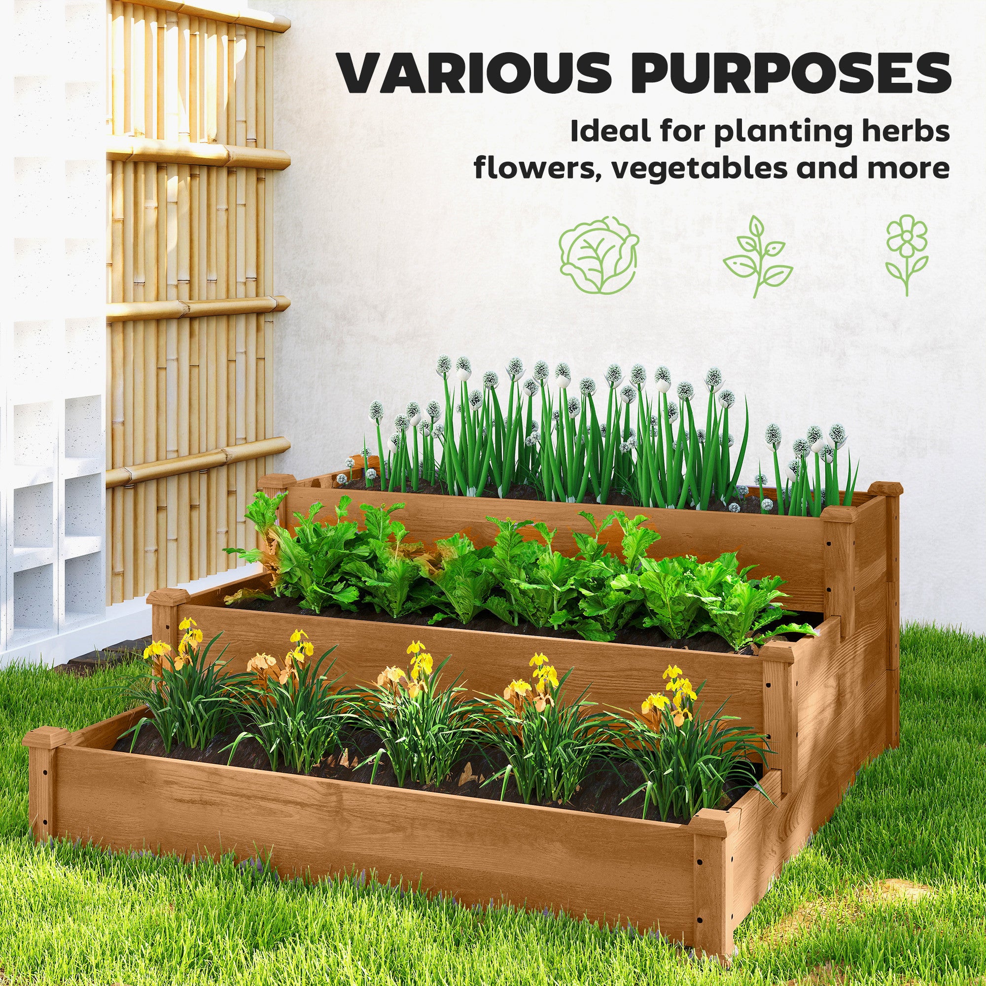 3-Tier Garden Bed Planter Box for Backyard, Patio, 49"x49"x22", Brown