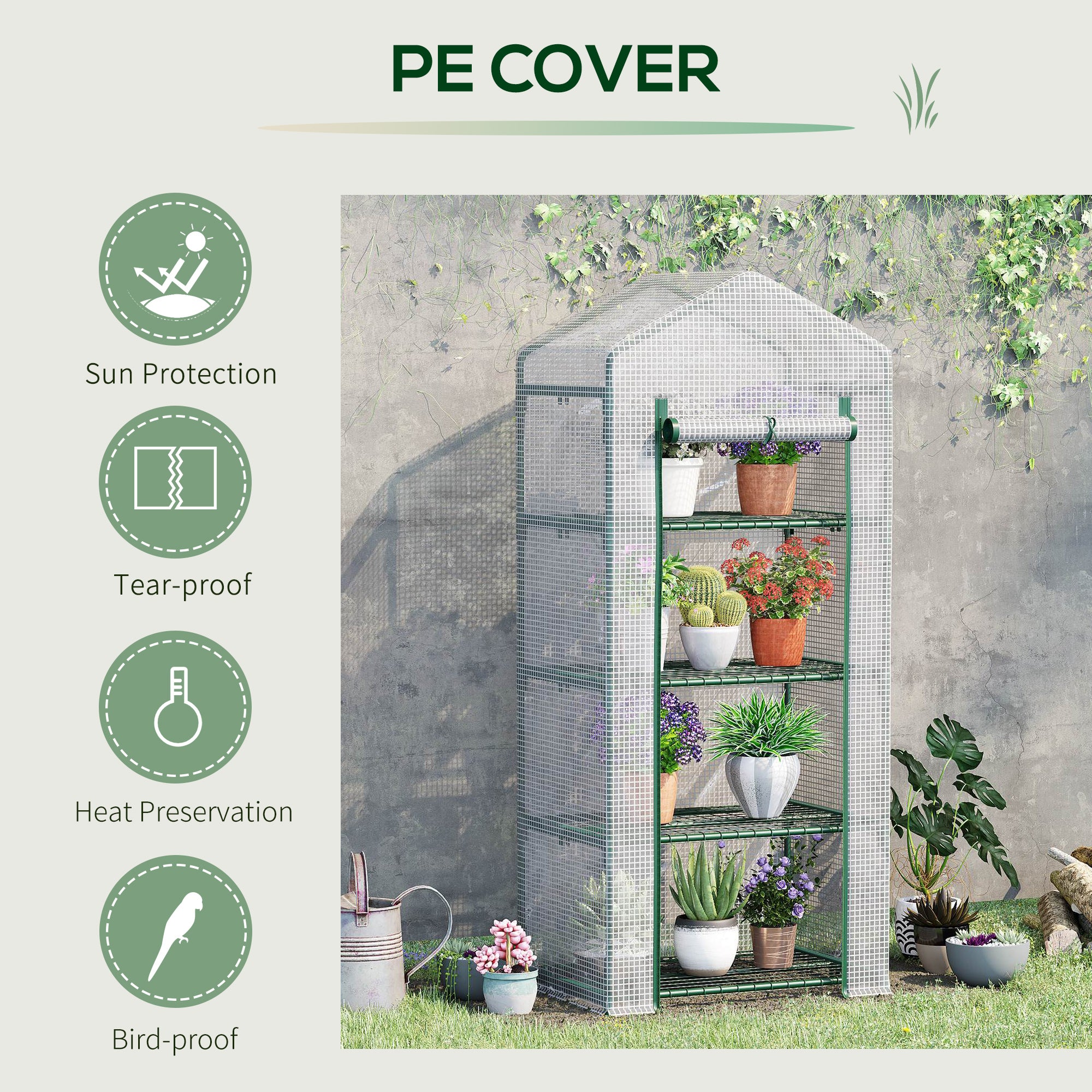 Portable Greenhouse Outdoor Hot House with 4 Tier Shelves, Steel Frame, PE Cover, 28" x 20" x 63" , White