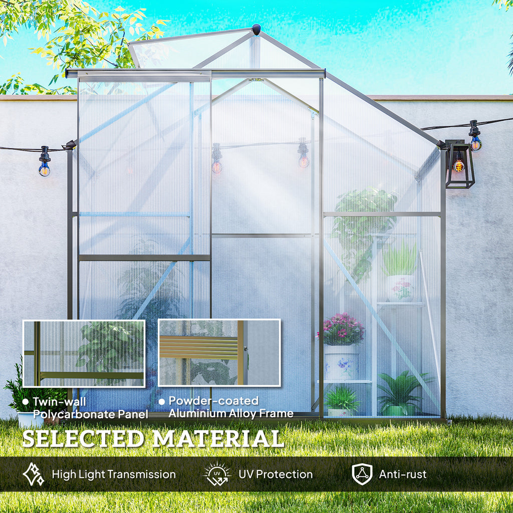 6' x 2.5' Walk-in Polycarbonate Greenhouse Aluminium Green House with Sliding Door, 5-Level Roof Vent, Rain Gutter