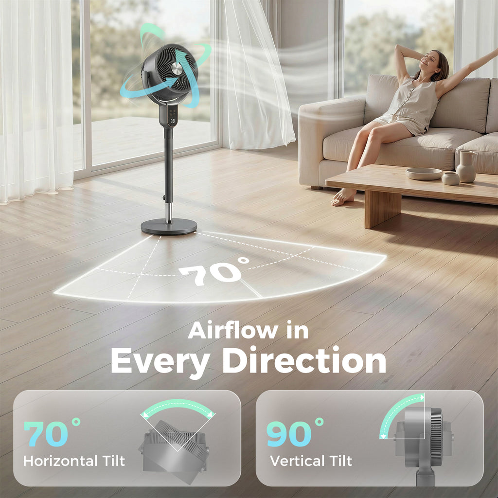 20dB Standing Fan for Bedroom, 70Â°+90Â° Auto Oscillating Fan with 8 Speeds, Remote Control, 12H Timer, Adjustable Height