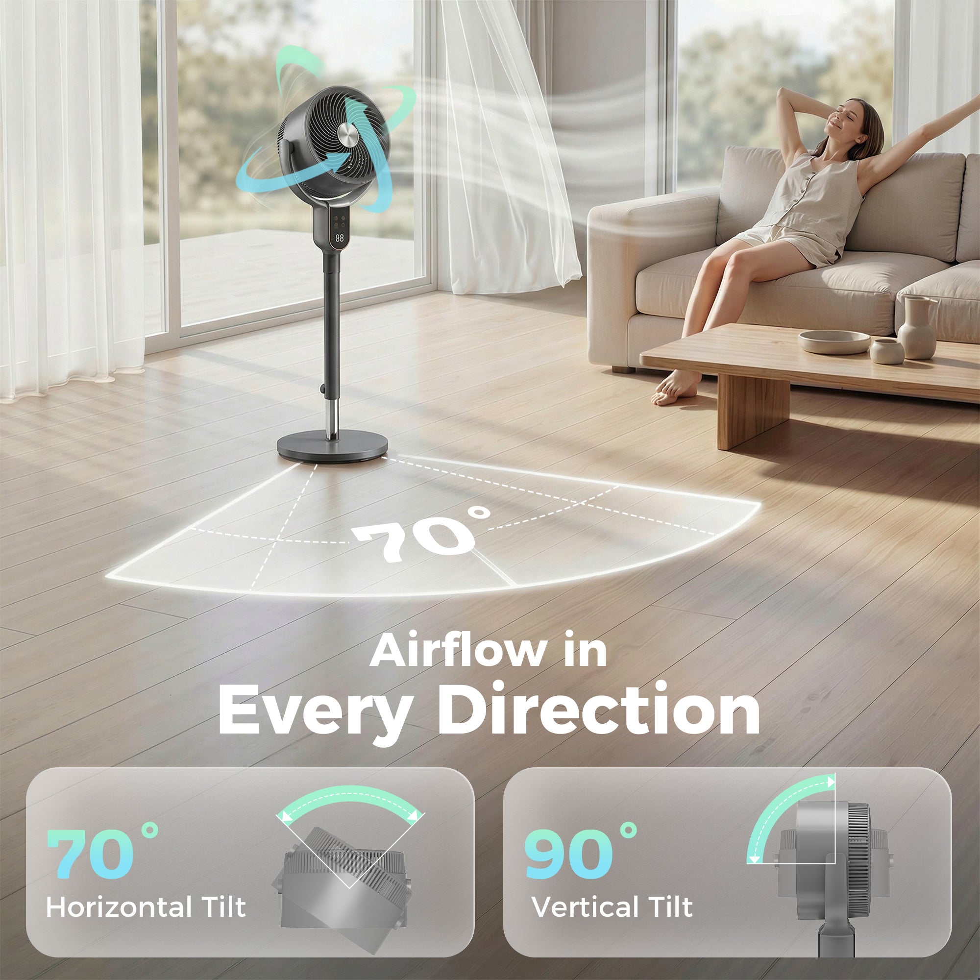20dB Standing Fan for Bedroom, 70Â°+90Â° Auto Oscillating Fan with 8 Speeds, Remote Control, 12H Timer, Adjustable Height