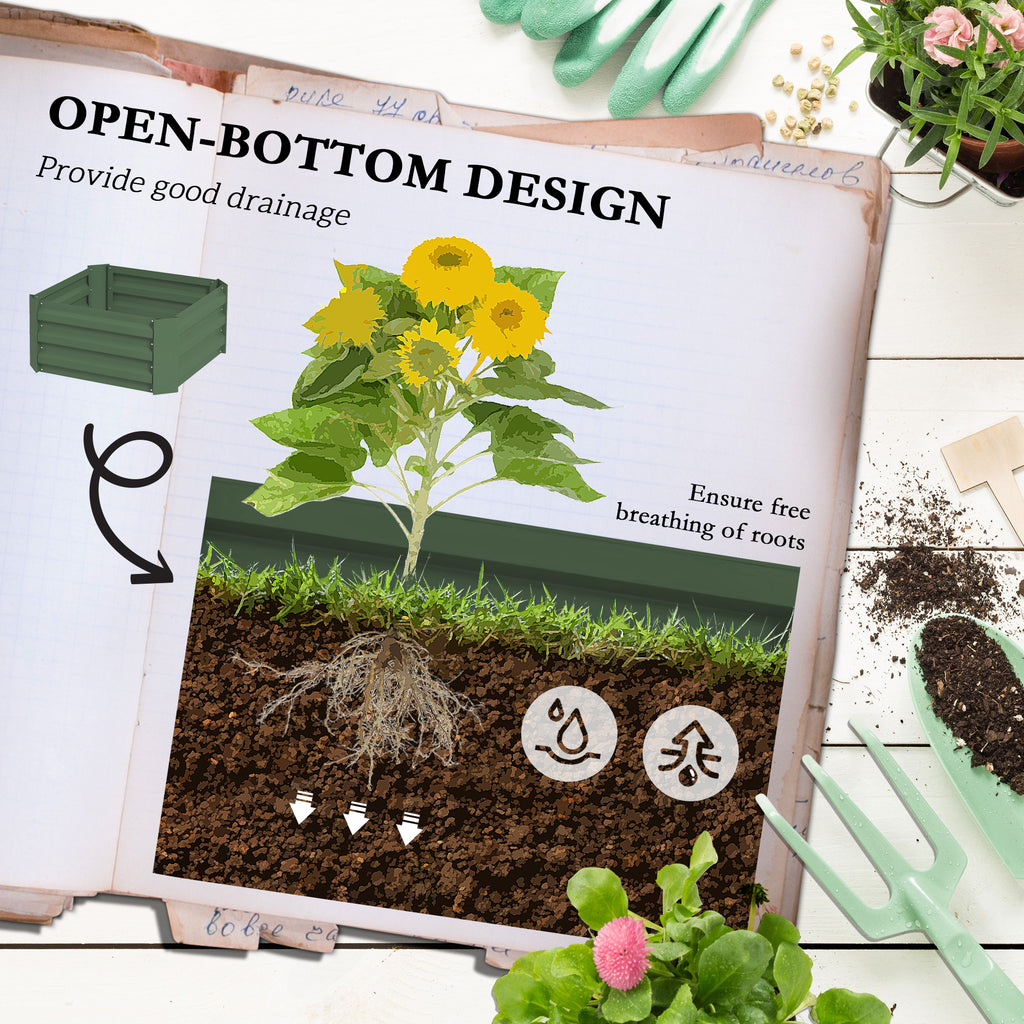 Galvanized Planter Box, Outdoor Raised Garden Bed with 3-Tier Trellis Tomato Cage for Climbing Vines, Vegetables, Green