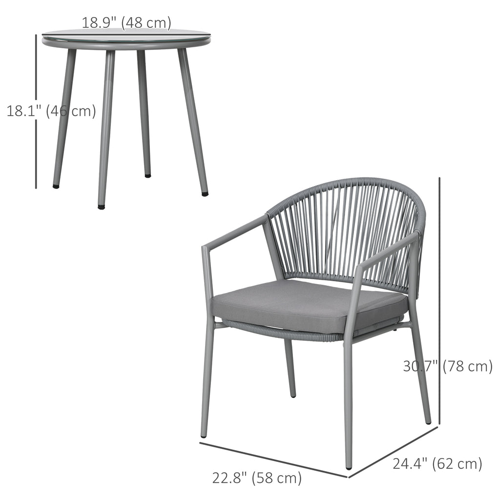 3-Piece Rattan Bistro Set, Garden Seating Group with 2 Armchairs and Coffee Table, Balcony Furniture Set, Grey