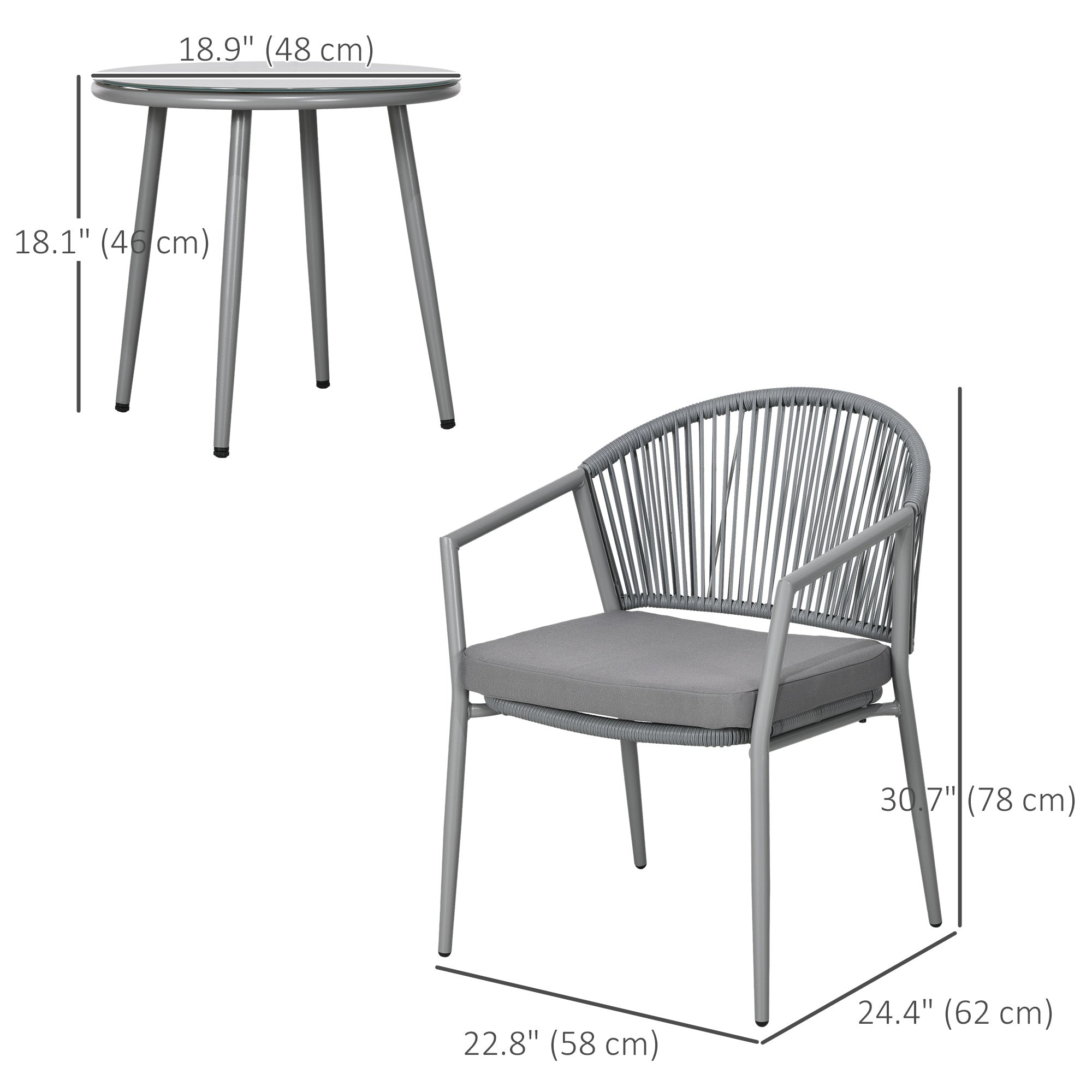 3-Piece Rattan Bistro Set, Garden Seating Group with 2 Armchairs and Coffee Table, Balcony Furniture Set, Grey