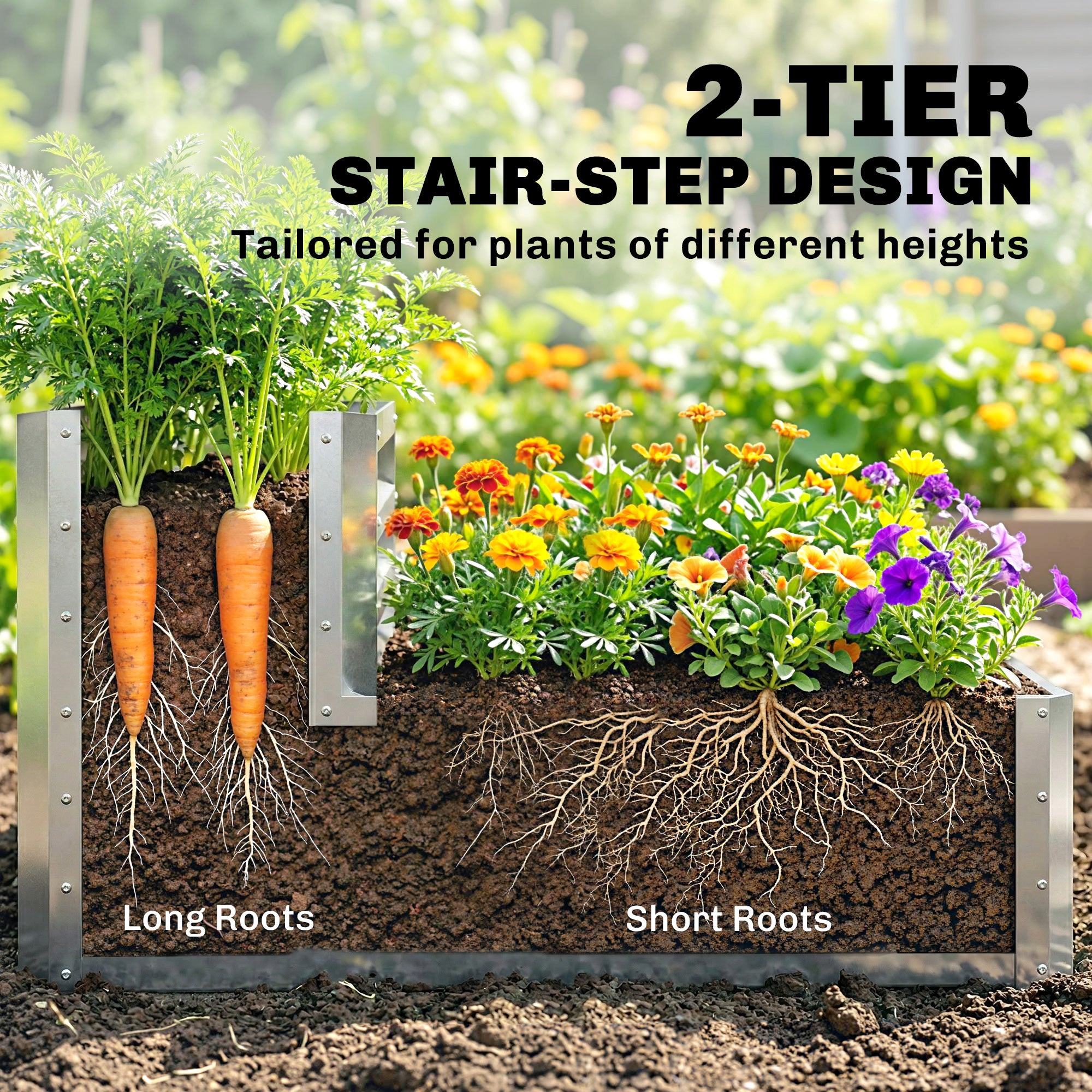 2 Tier Galvanized Raised Garden Bed, Steel Planter Box for Vegetables, Flowers, Herbs, 47" x 40" x 23", Silver