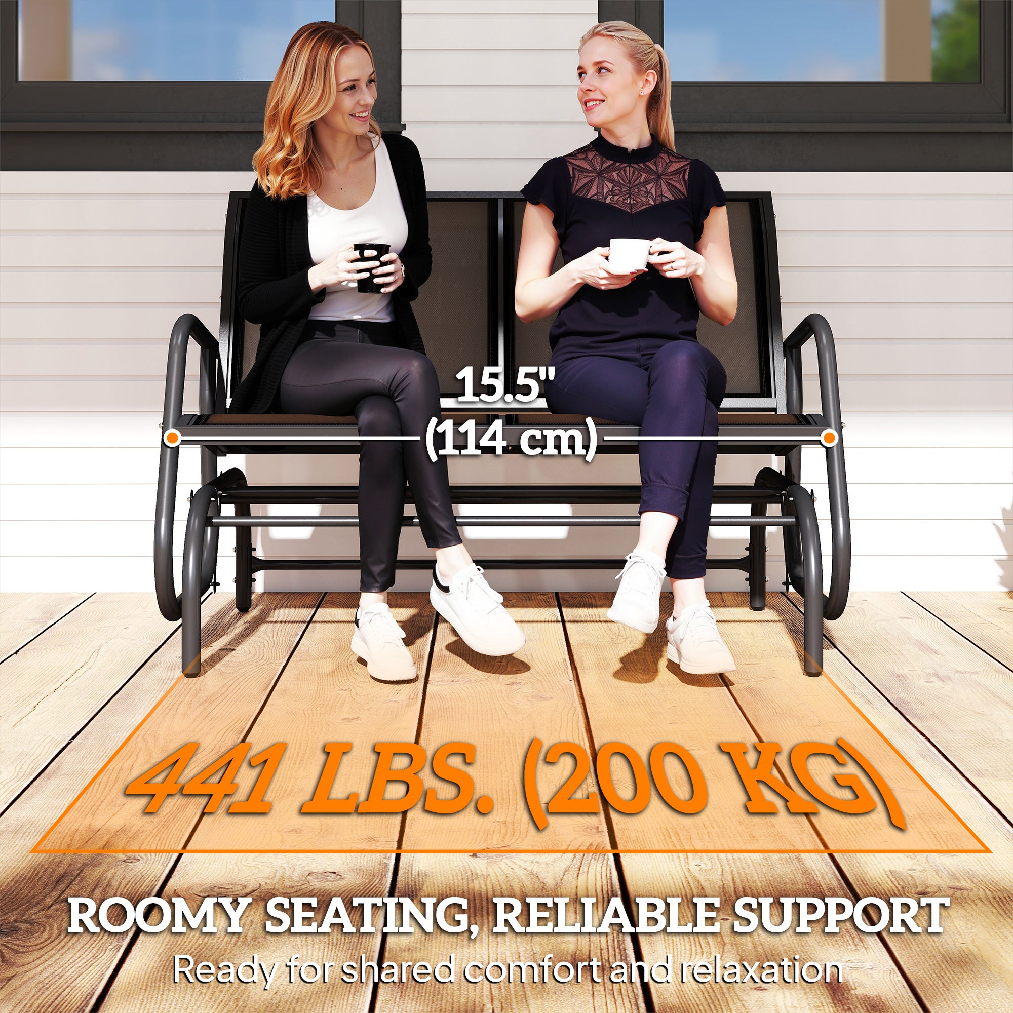 Patio Double Glider Bench Swing Chair Rocker Heavy-Duty Loveseat Outdoor Garden Rocking Bench Steel Frame Sling Fabric Seat Black