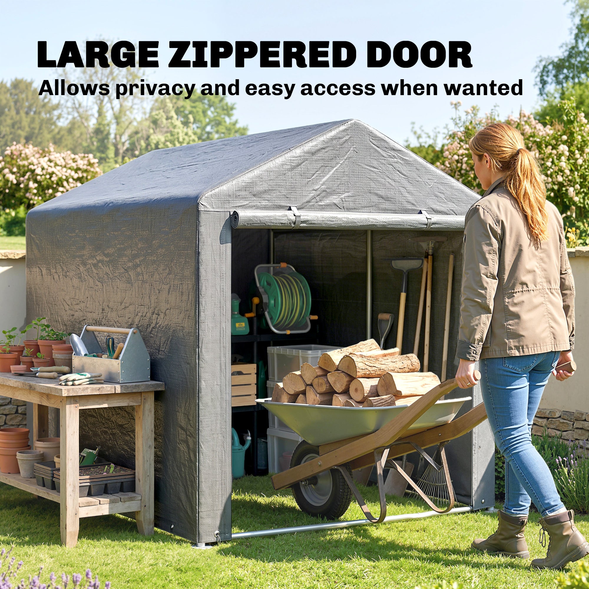 Portable Bicycle Shed with Galvanized Steel Frame and Large Door, Waterproof Outdoor Shed for Garden Tools, Light Grey