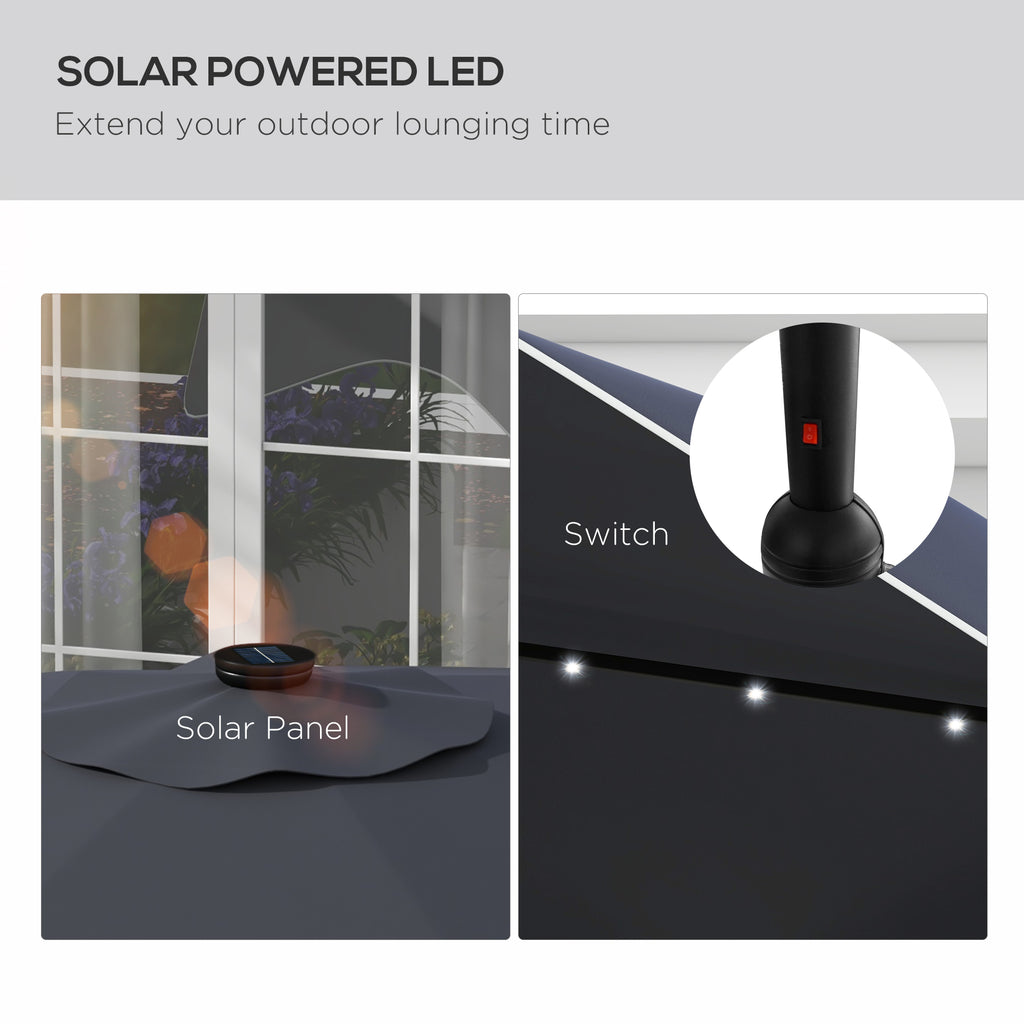 Solar Patio Umbrella with LED and Tilt, Outdoor Market Table Umbrella Parasol with Crank, 10 x 10 ft, Dark Grey