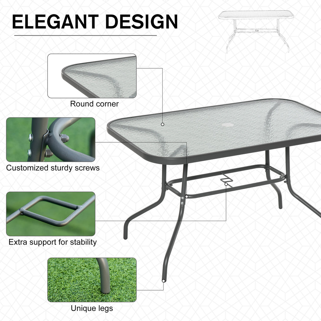 Metal Garden Dining Table with Umbrella Hole, Outdoor Patio Table with Tempered Glass Top, 47.25" x 31.5"