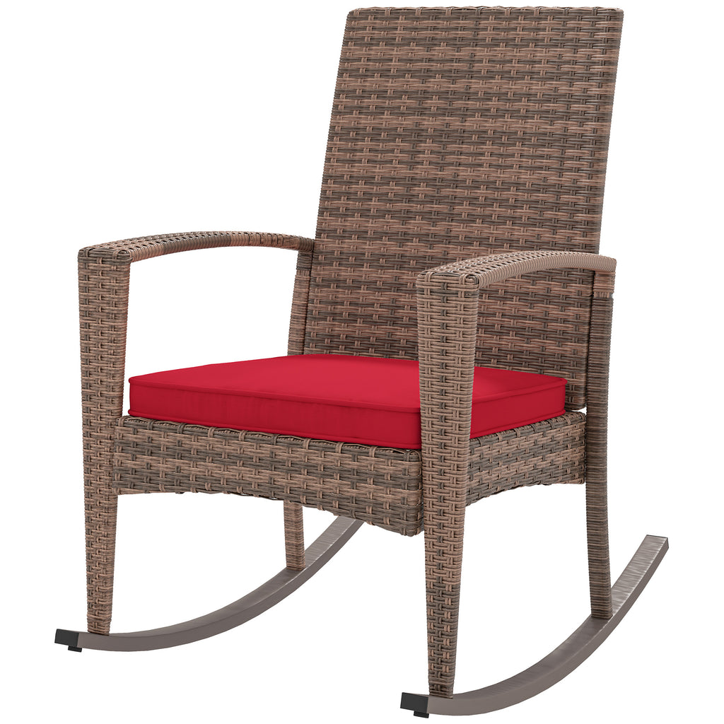 Outdoor PE Rattan Rocking Chair, Garden Glider Rocking Chair, Wicker Patio Chair Set with Armrest and Cushion, Wine Red