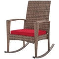 Outdoor PE Rattan Rocking Chair, Garden Glider Rocking Chair, Wicker Patio Chair Set with Armrest and Cushion, Wine Red