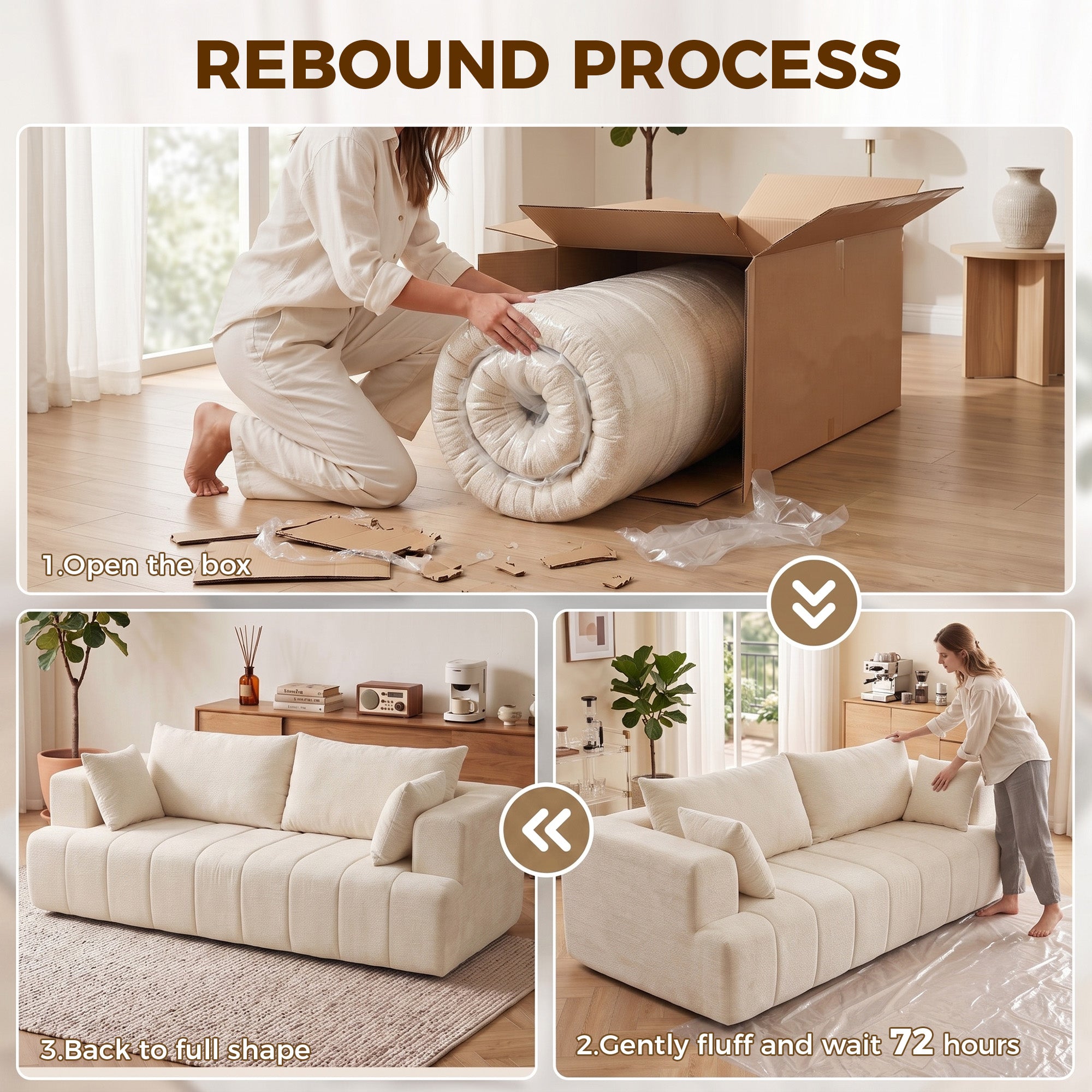 3 Seater Sofa, Chenille Boneless Cloud Couch with Thick Spring Cushion, Wide and Deep Seat, Wide Armrests, Beige
