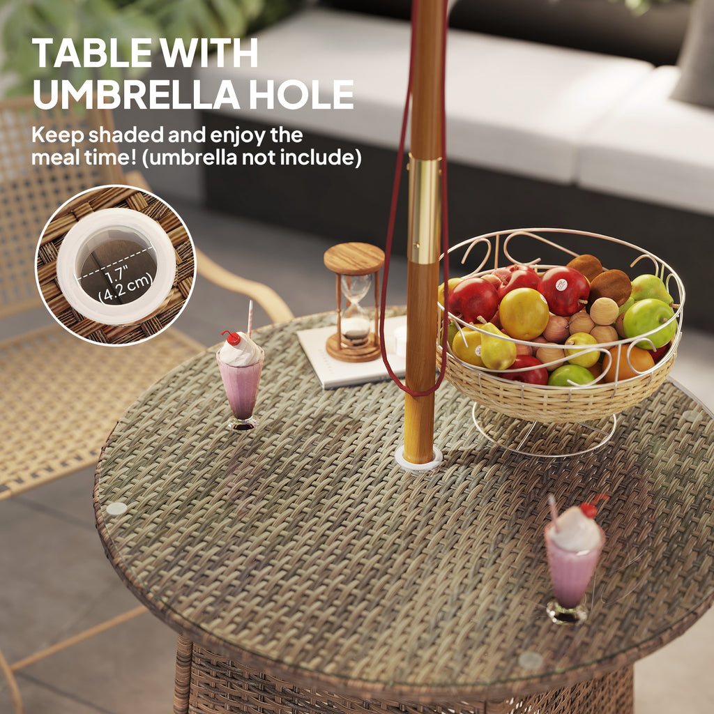31.5" Outdoor Round Patio Table with Umbrella Hole, Bistro Coffee Table with Tempered Glass Top for Garden, Brown