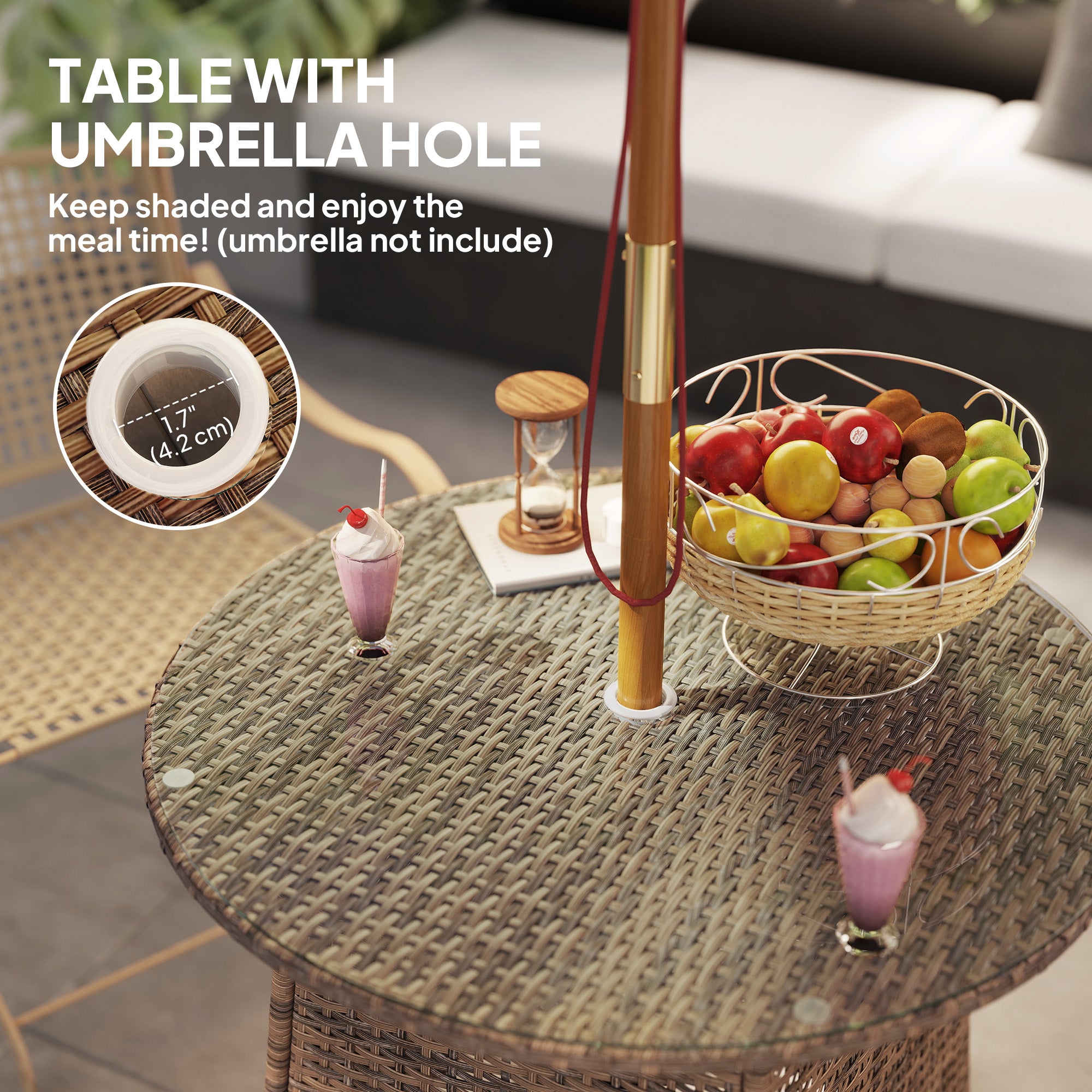 31.5" Outdoor Round Patio Table with Umbrella Hole, Bistro Coffee Table with Tempered Glass Top for Garden, Brown