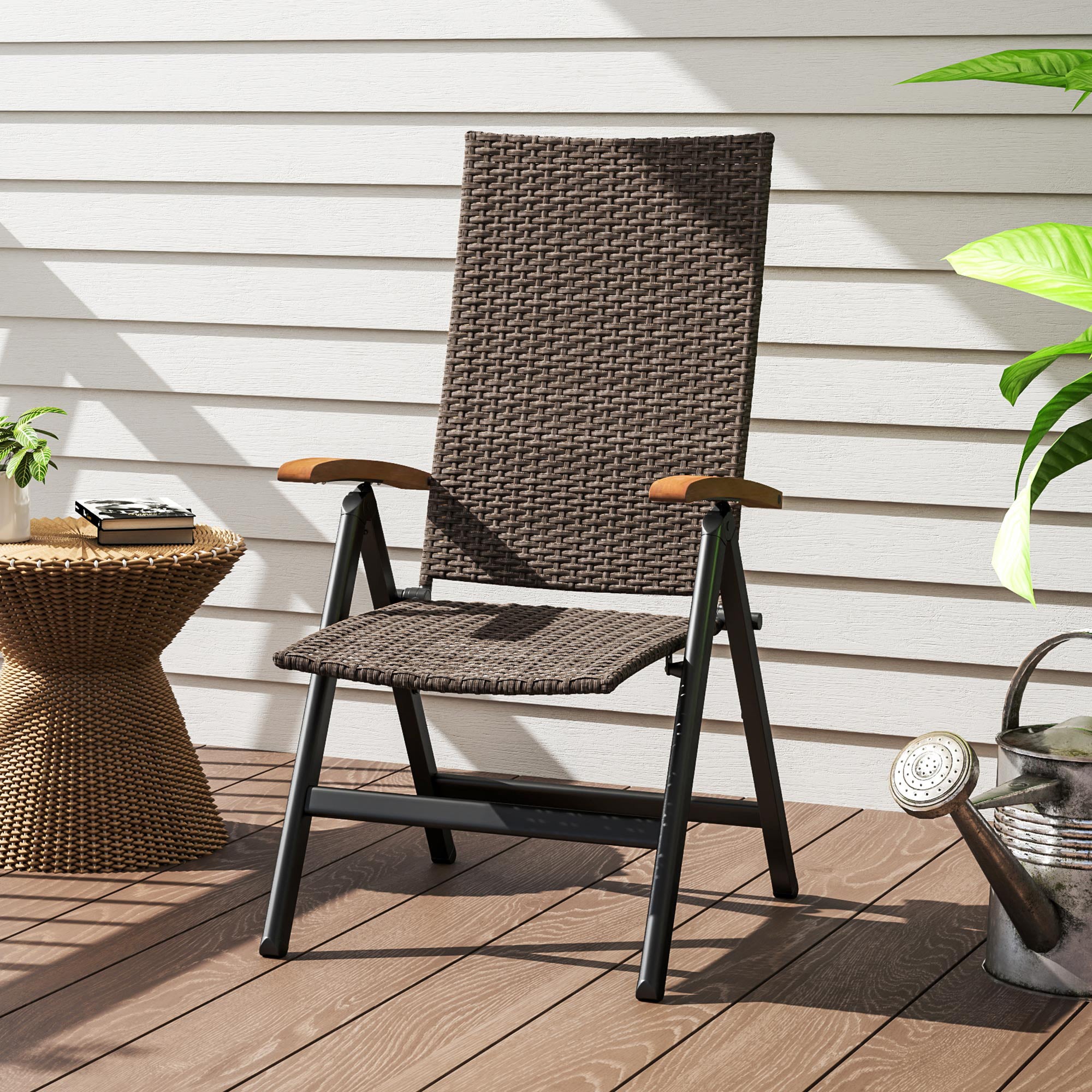 Folding Wicker Patio Dining Chair with 5-level Reclining Back, Wooden Armrests for Outdoor, Garden, Backyard, Brown