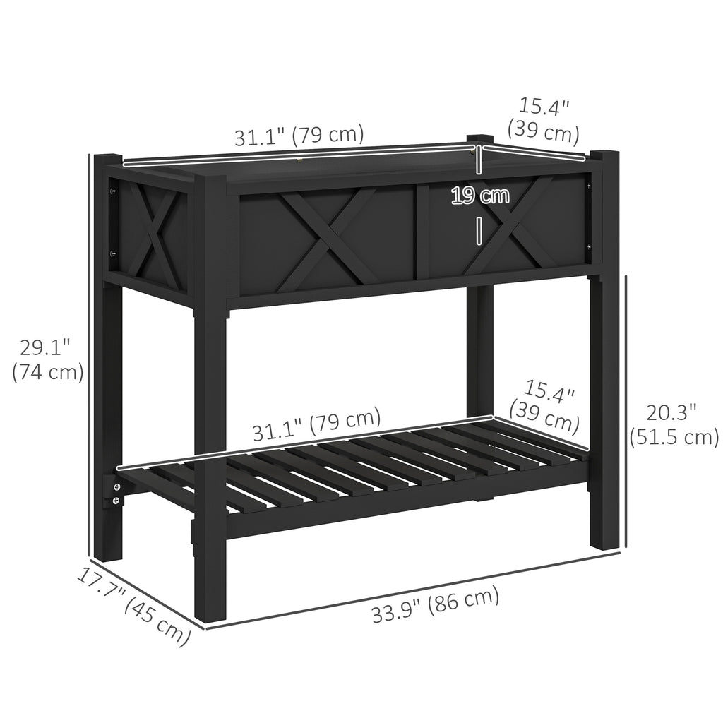 Wooden Raised Garden Bed, Elevated Planter Box with Storage Shelf, Drainage Holes and Liner, 34" x 18" x 30", Black