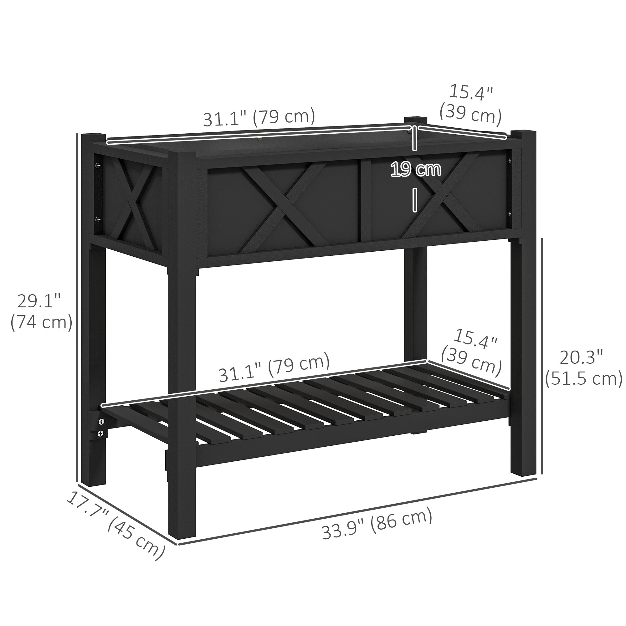 Wooden Raised Garden Bed, Elevated Planter Box with Storage Shelf, Drainage Holes and Liner, 34" x 18" x 30", Black